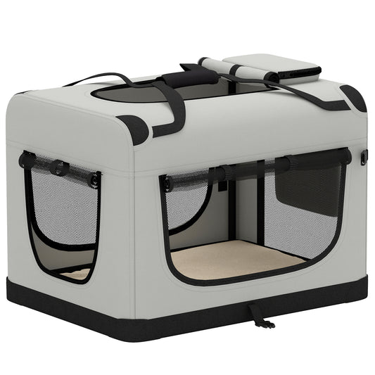 PawHut Pet Carrier Bag, Soft-Sided Dog Carrier with Security Buckle Strap, Washable Cushion and Folded Bowl, Light Grey