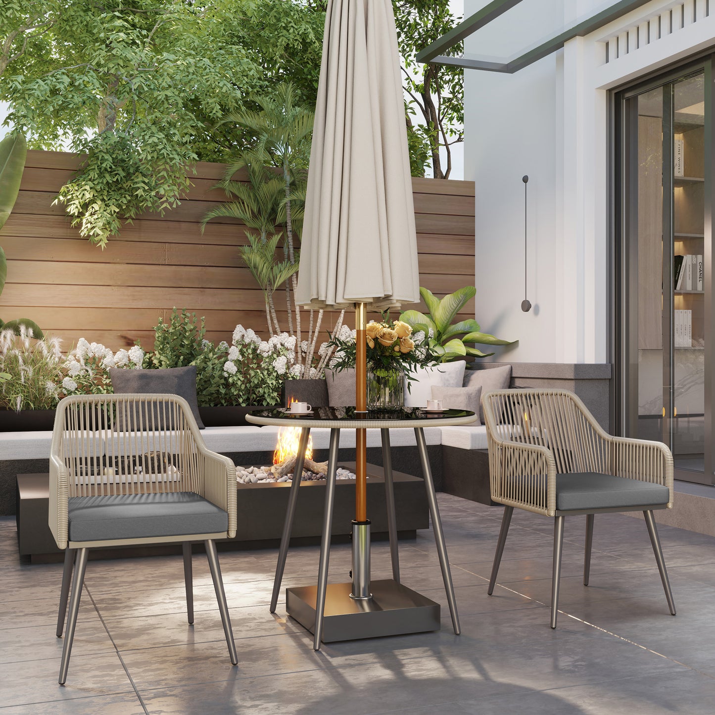 Outsunny 4 Seater Rattan Dining Set, Garden Furniture with Parasol Hole & Cushions, Round Glass Table