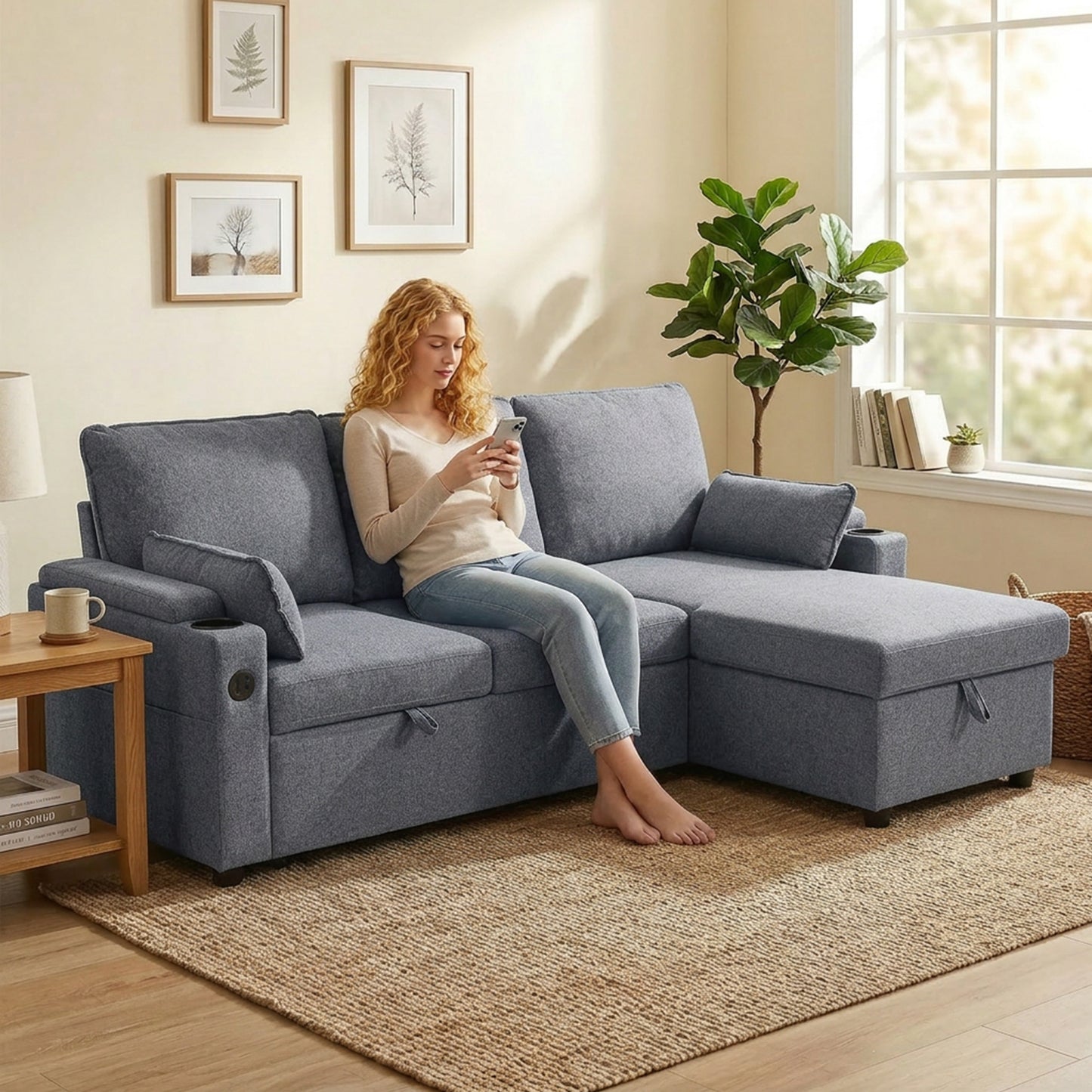 HOMCOM Corner Sofa Bed, L Shaped Sleeper Sectional Sofa with Reversible Storage Chaise, Grey