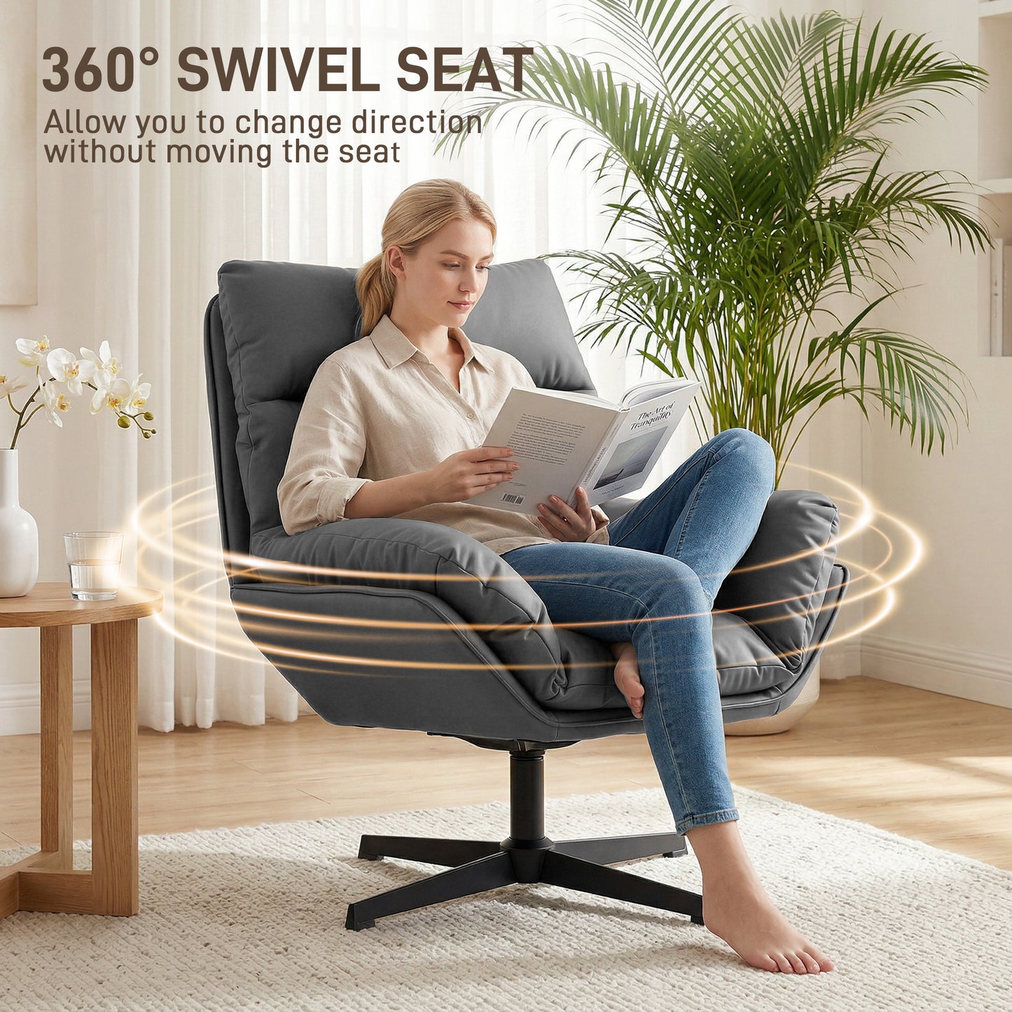 HOMCOM Accent Chair with 360° Swivel Armchair for Living Room with Padded Cushion Dark Grey