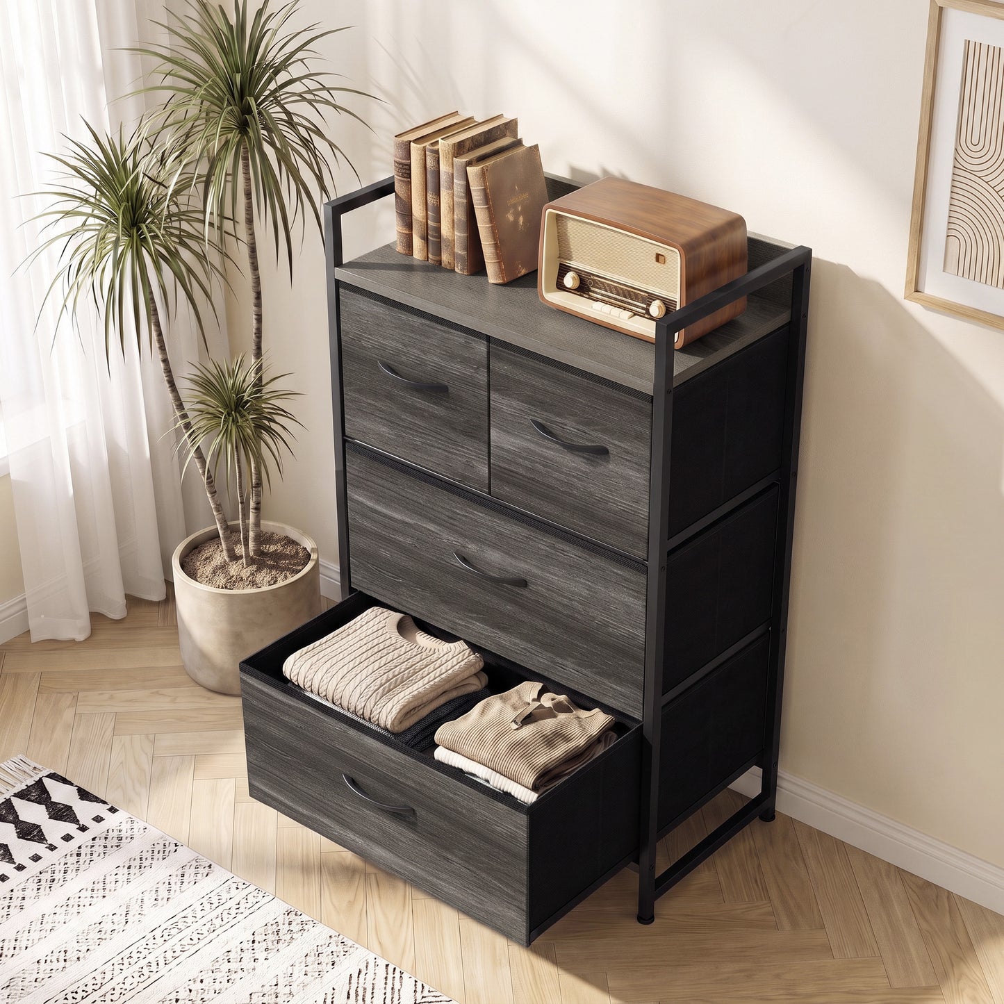 HOMCOM Rustic Chest of Four Fabric Drawers - Grey Wood Effect
