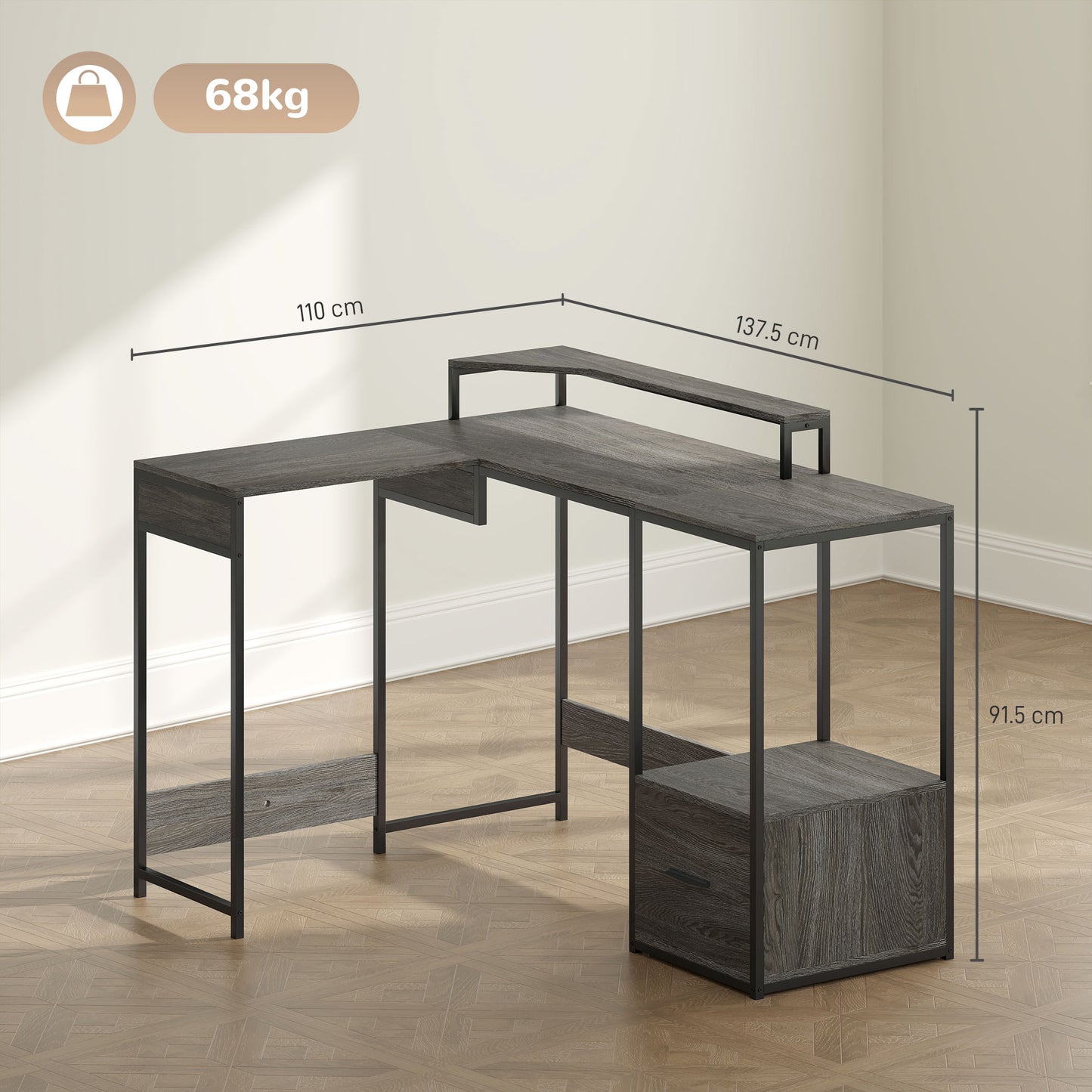 HOMCOM L Shaped Desk, Computer Desk with Liftable Desktop, Charcoal Grey