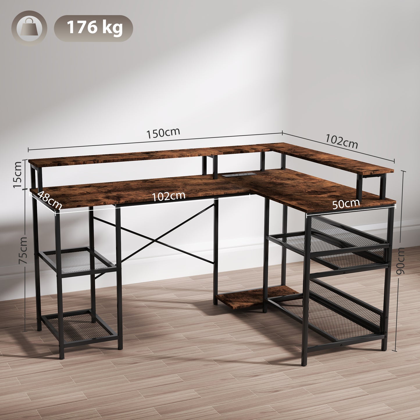 HOMCOM L Shaped Gaming Desk with LED Lights and Power Outlets, Rustic Brown