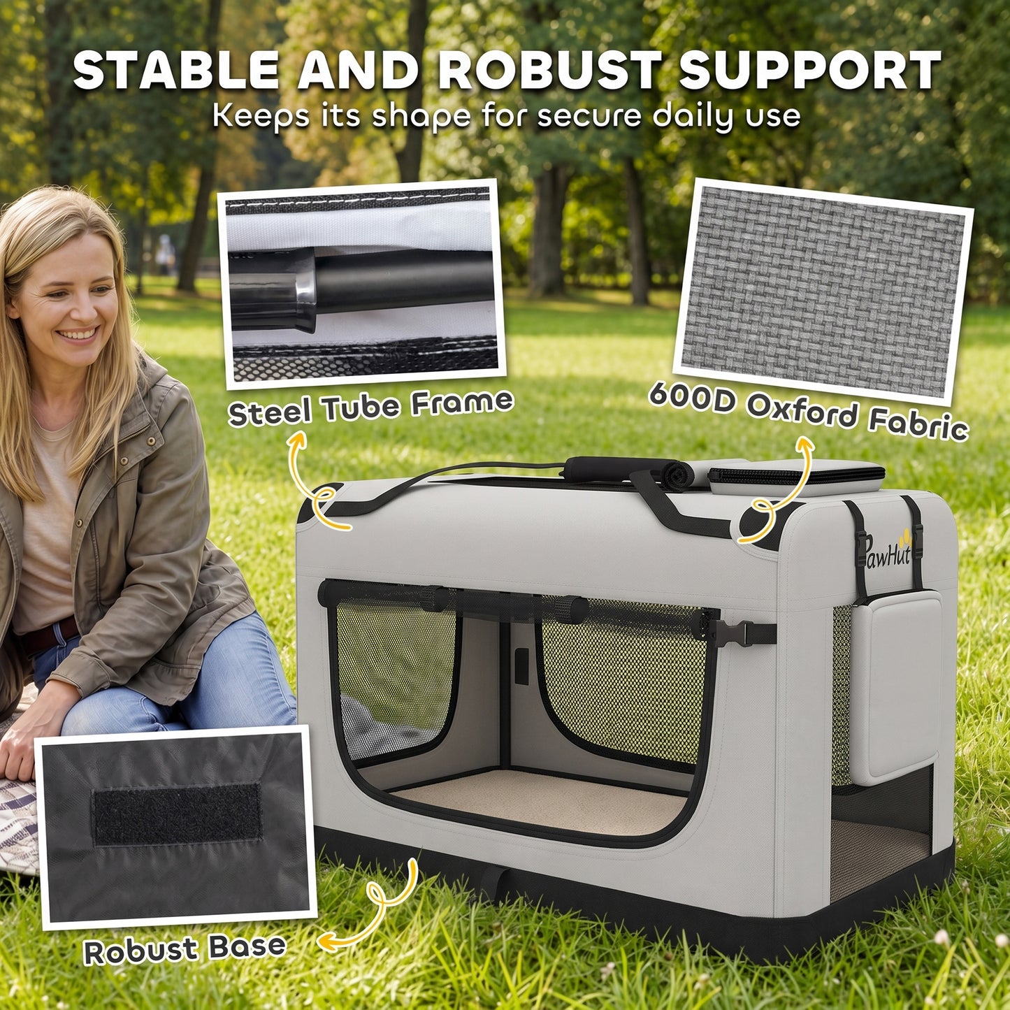 PawHut Pet Carrier Bag, Soft-Sided Dog Carrier with Security Buckle Strap, Washable Cushion and Folded Bowl, Light Grey