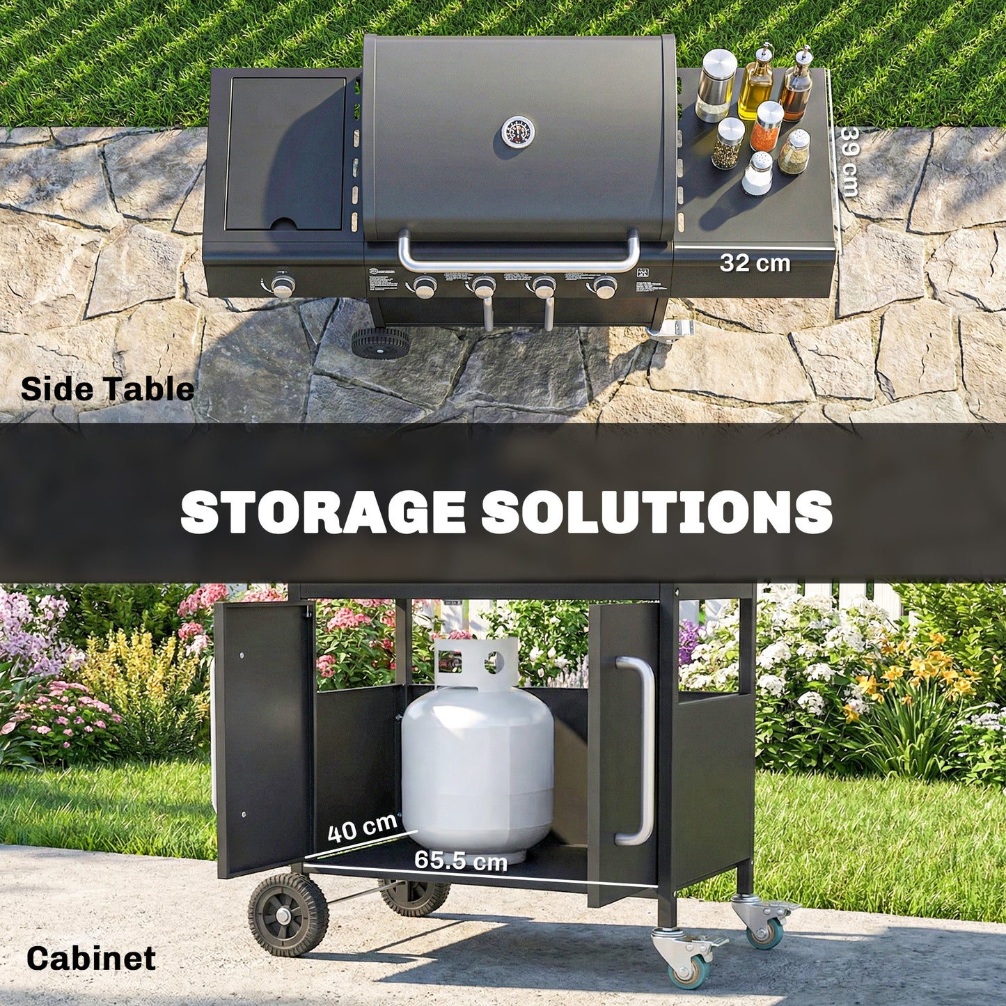 Outsunny 4+1 Burner Gas BBQ Grill with Storage Cabinet, 15.2 kW Gas Barbecue Trolley with Side Table, 4 Wheels, Warming Rack