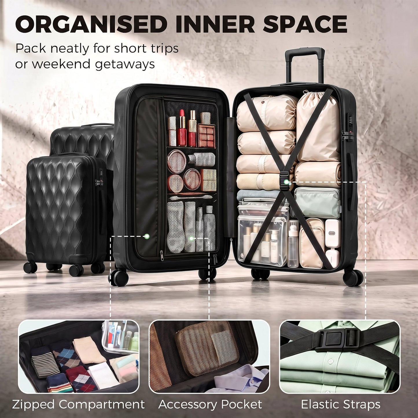 HOMCOM 3-Piece Suitcase Set, Hard Shell Carry On & Checked Luggage Set with TSA Lock, 20/24/28 Inch, Black