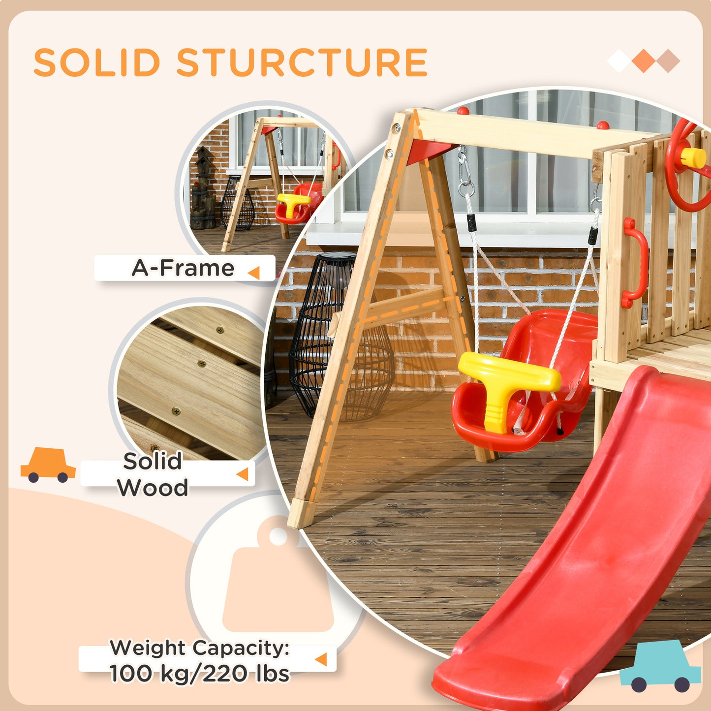 Outsunny Wooden Swing and Slide Set for Toddler 18-48 Months Outdoor Use - Red and Brown