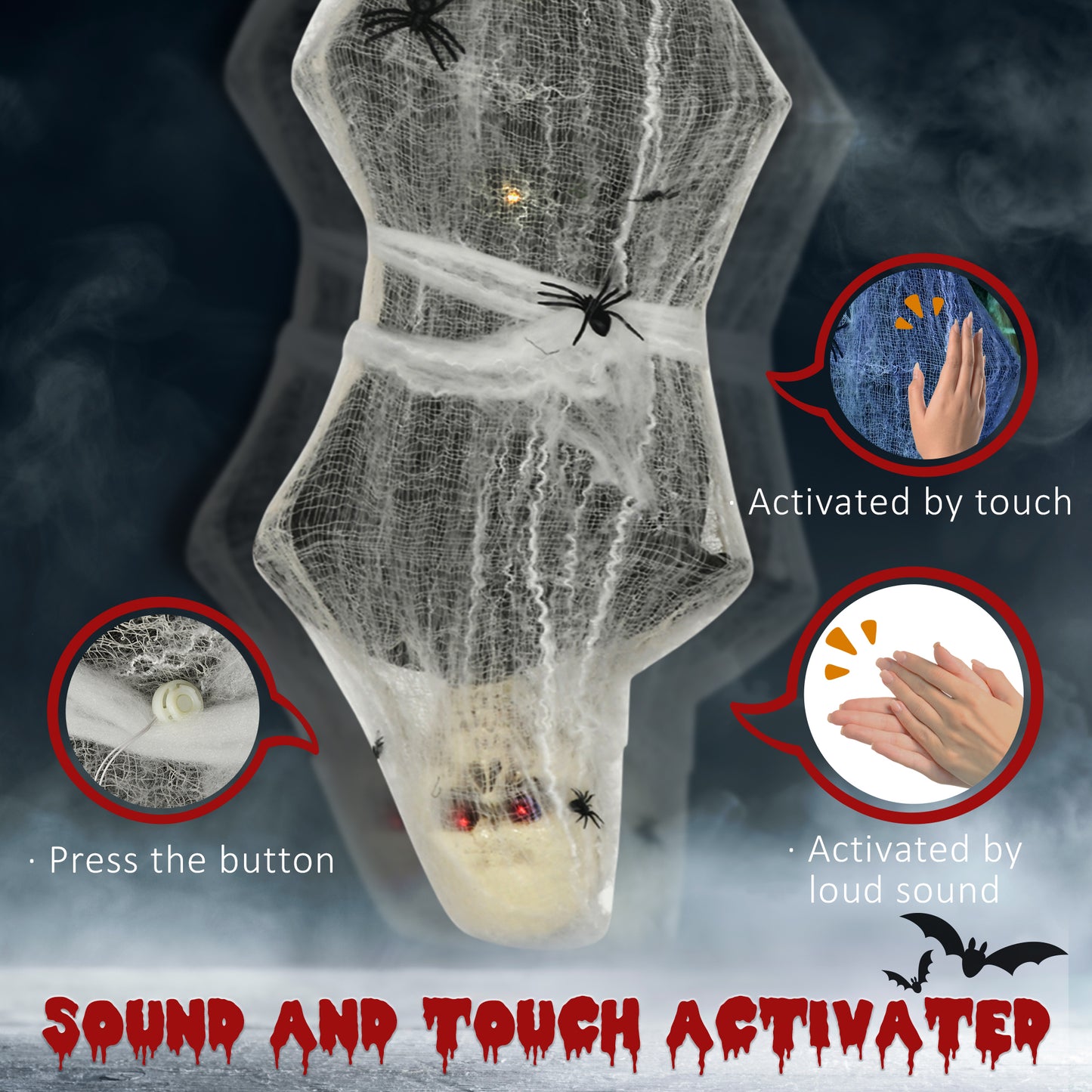 HOMCOM 4.7ft Outdoor Halloween Hanging Mummy with Sound, Motion Activation, Light-Up Eyes, Posable Arms, Moving Body, Spider Web - Life Size, White