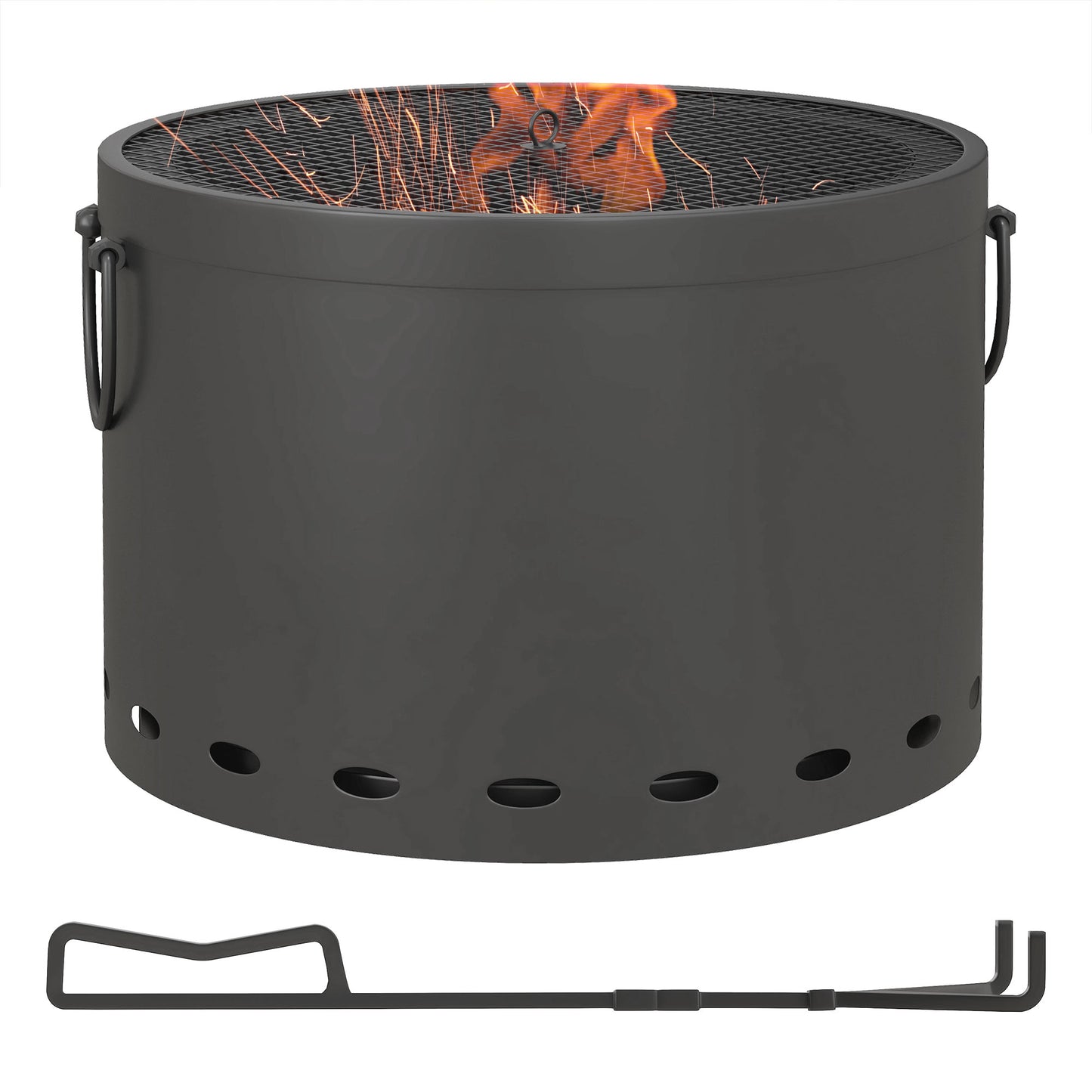 Outsunny Smokeless Fire Pit, 38cm Portable Wood Burning Firepit with Spark Screen & Poker, Dark Grey