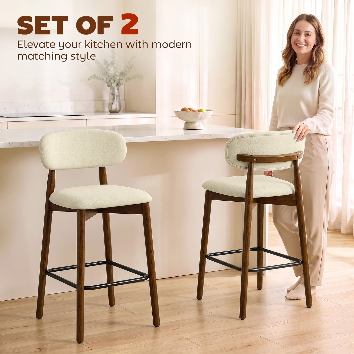 HOMCOM Bar Stools Curved Open Back Padded Seat Footrest Set of 2 for Kitchen Beige