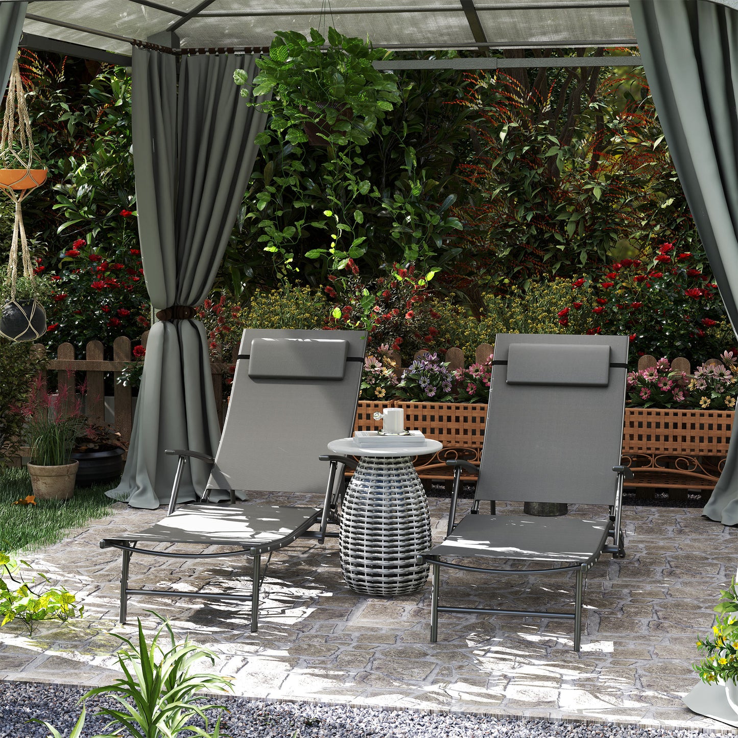 Outsunny Set of 2 Folding Sun Loungers, 4-Position Adjustable Outdoor Chairs with Armrests, Pillows, Grey