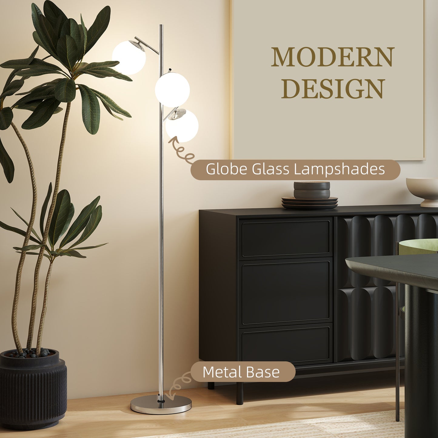 HOMCOM Modern 3-Light Tree Floor Lamp with Globe Lampshades, for Living Room and Bedroom, Steel Base, 3000K-6000K, Silver Tone
