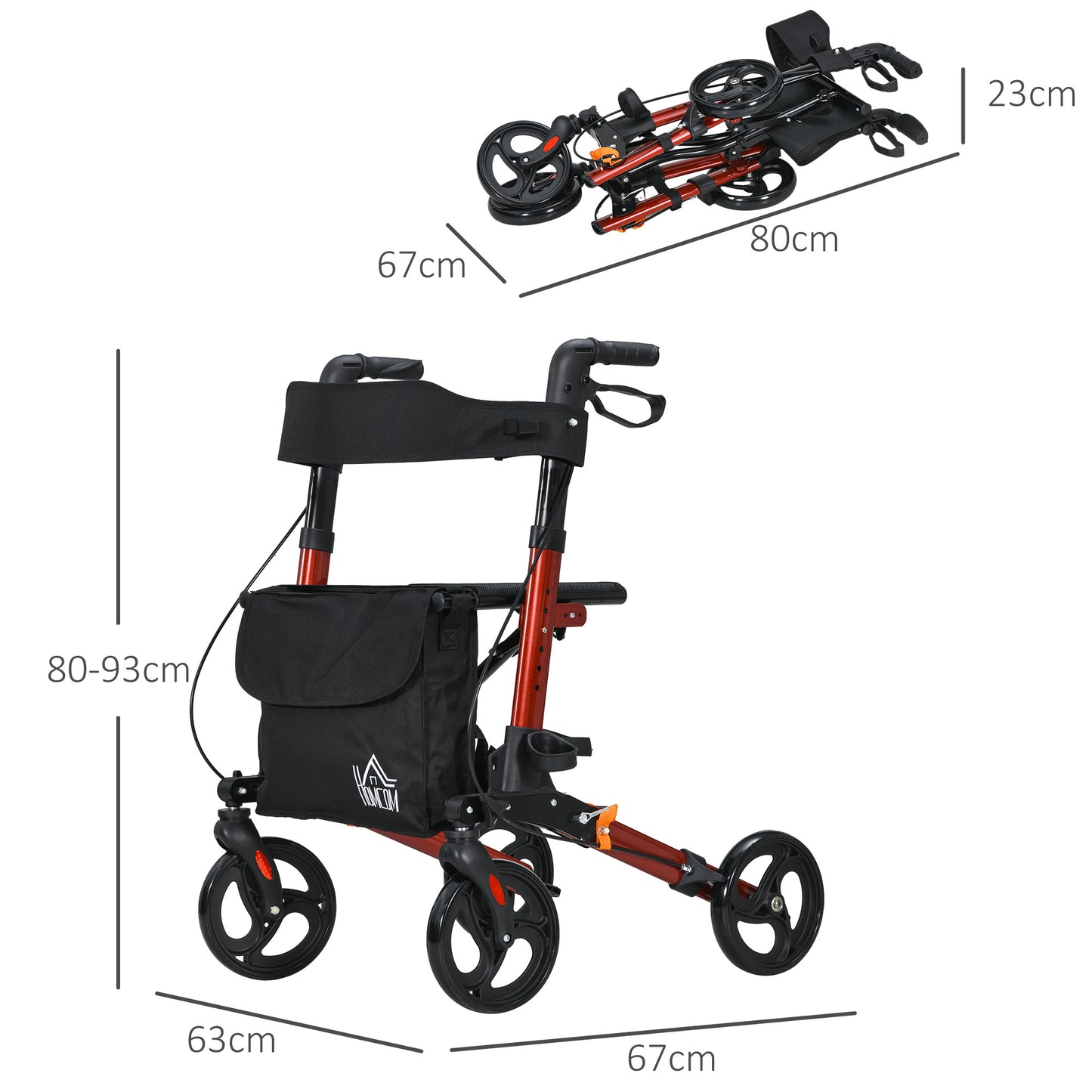 HOMCOM 4 Wheel Rollator with Seat, Brakes, Adjustable Height, Red