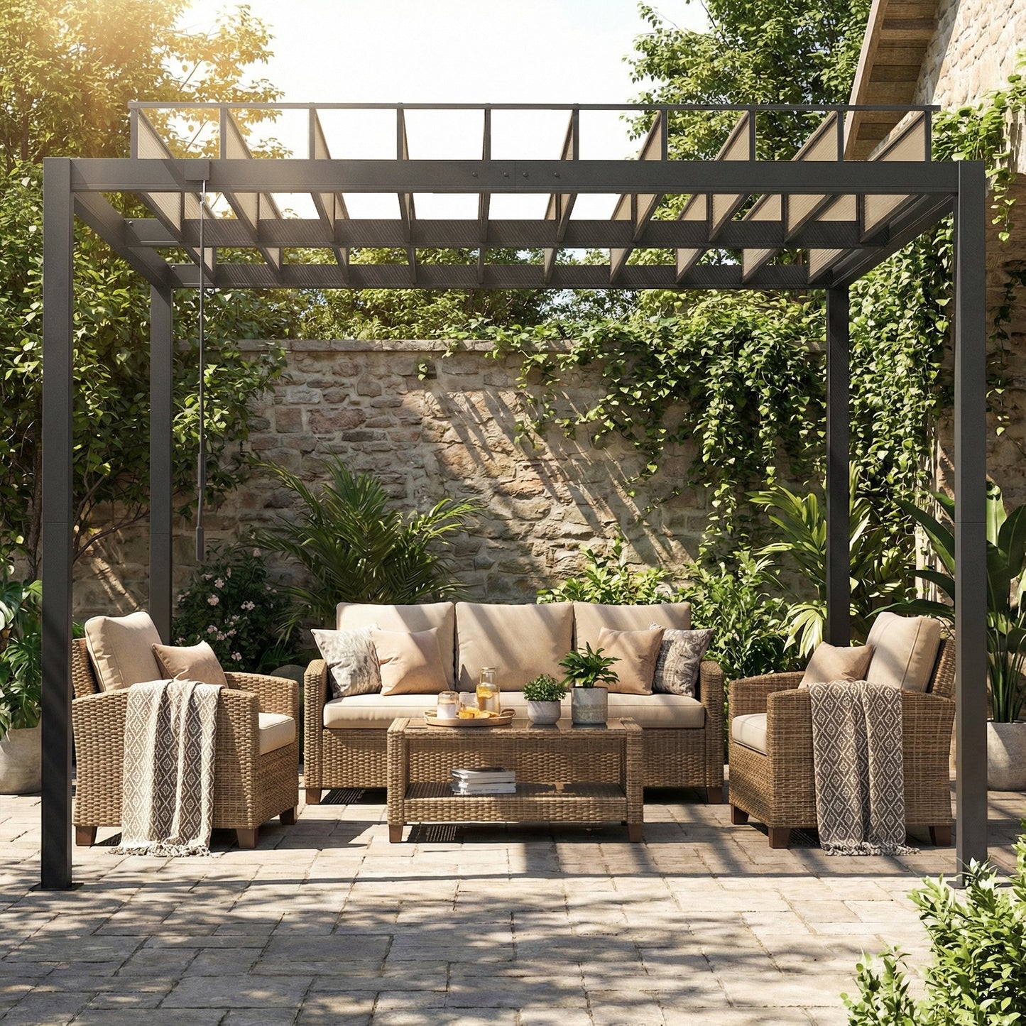 Outsunny 3 x 3 m Louvered Pergola with PC Roof, Aluminium Patio Gazebo Pergola Canopy with Drainage Gutters, Handle, Coffee