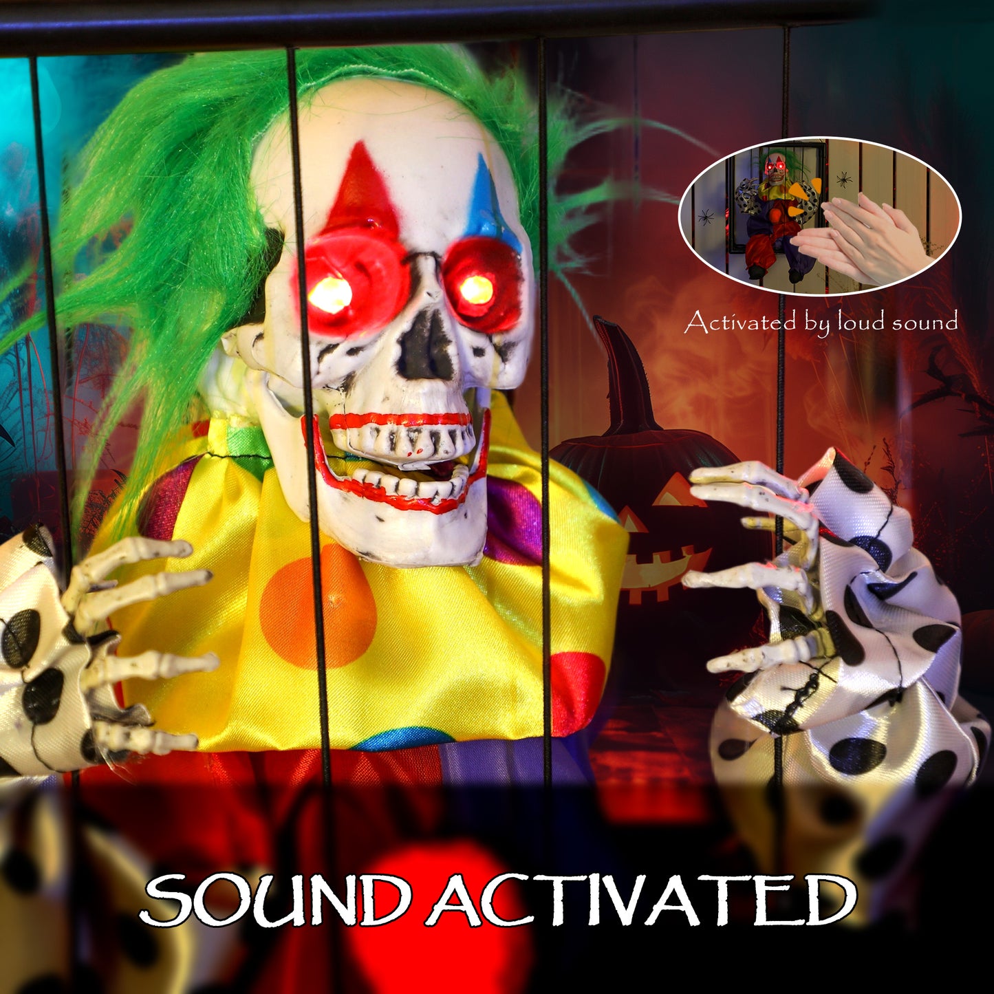 Outsunny Halloween Animated Clown in Cage with LED Eyes, Spooky Decorations, Battery Operated, Indoor Party Props, Halloween Decor - Clown