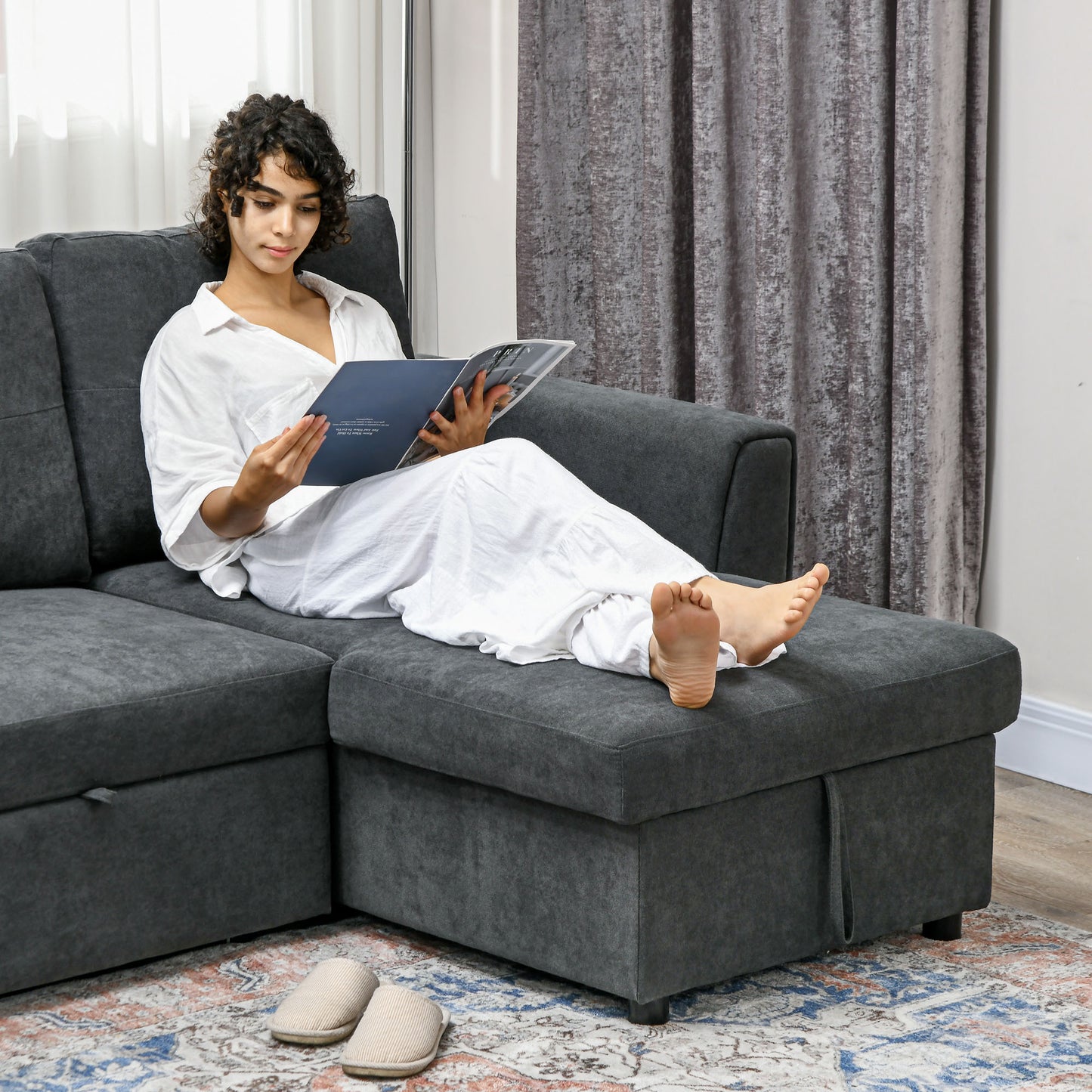 HOMCOM 3 Seater Sofa Bed, L-Shaped Corner Sofa, Pull Out Sofa with Storage Dark Grey