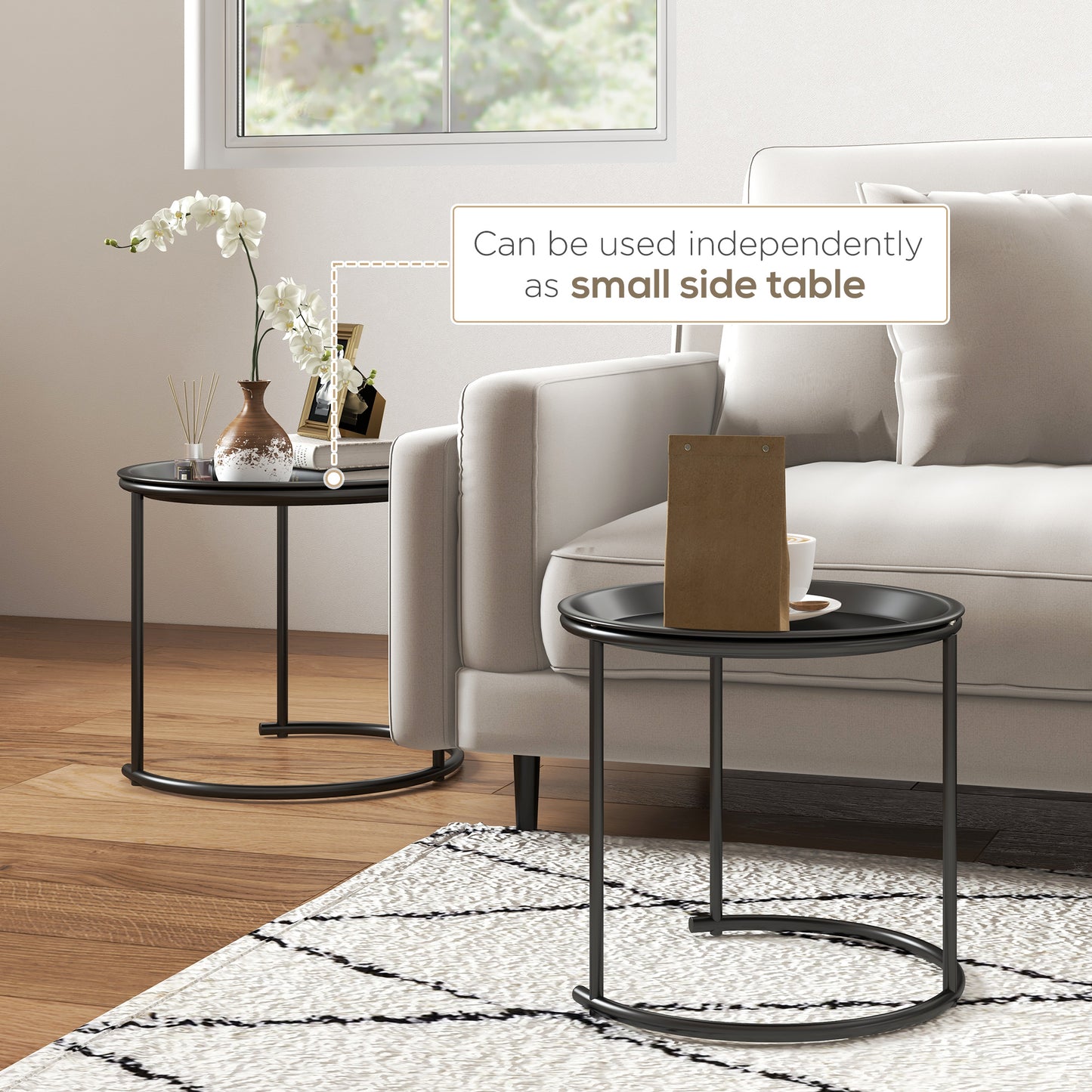 HOMCOM Nesting Tables Set of 2, Side End Table with Removable Tabletop Tray and Steel Frame for Living Room, Bedroom, White