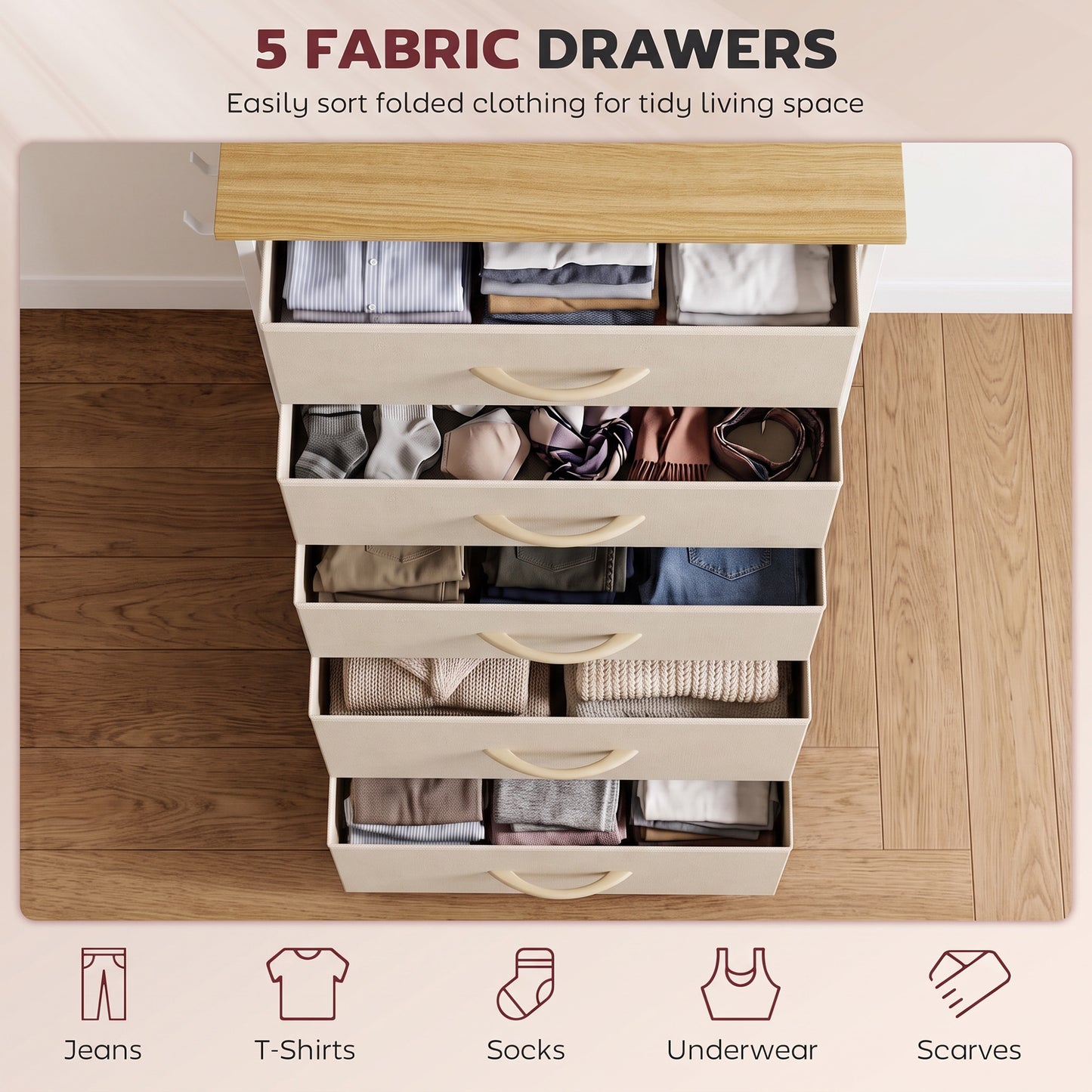 HOMCOM Chest of Drawers, Dresser with 5 Fabric Drawers, Tall Storage Unit with 4 Pockets and 2 Hooks Steel Frame, Beige
