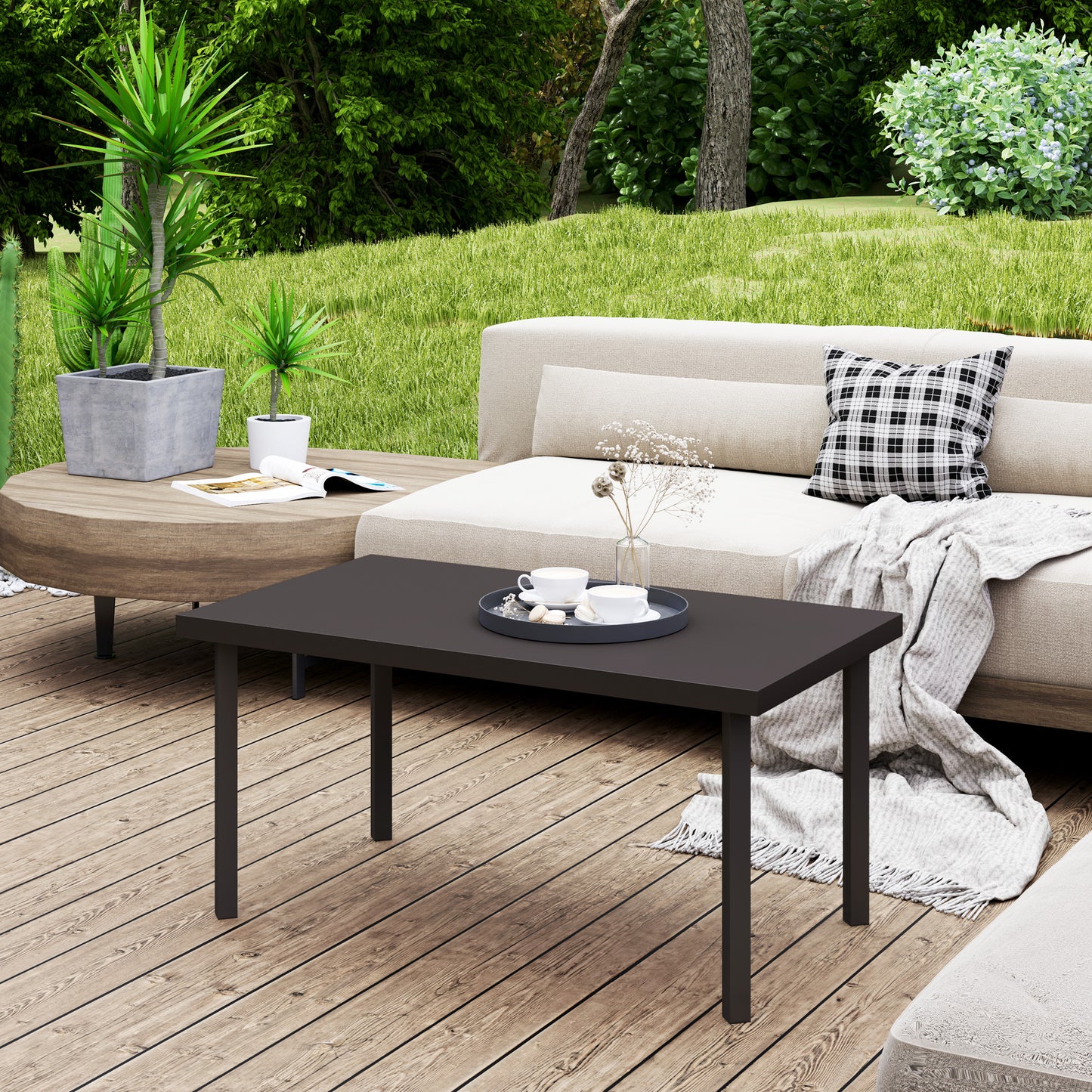 Outsunny Rectangular Metal Garden Coffee Table, Woodgrain Top, Foot Pads for Outdoor Use, 95x55x46cm, Brown