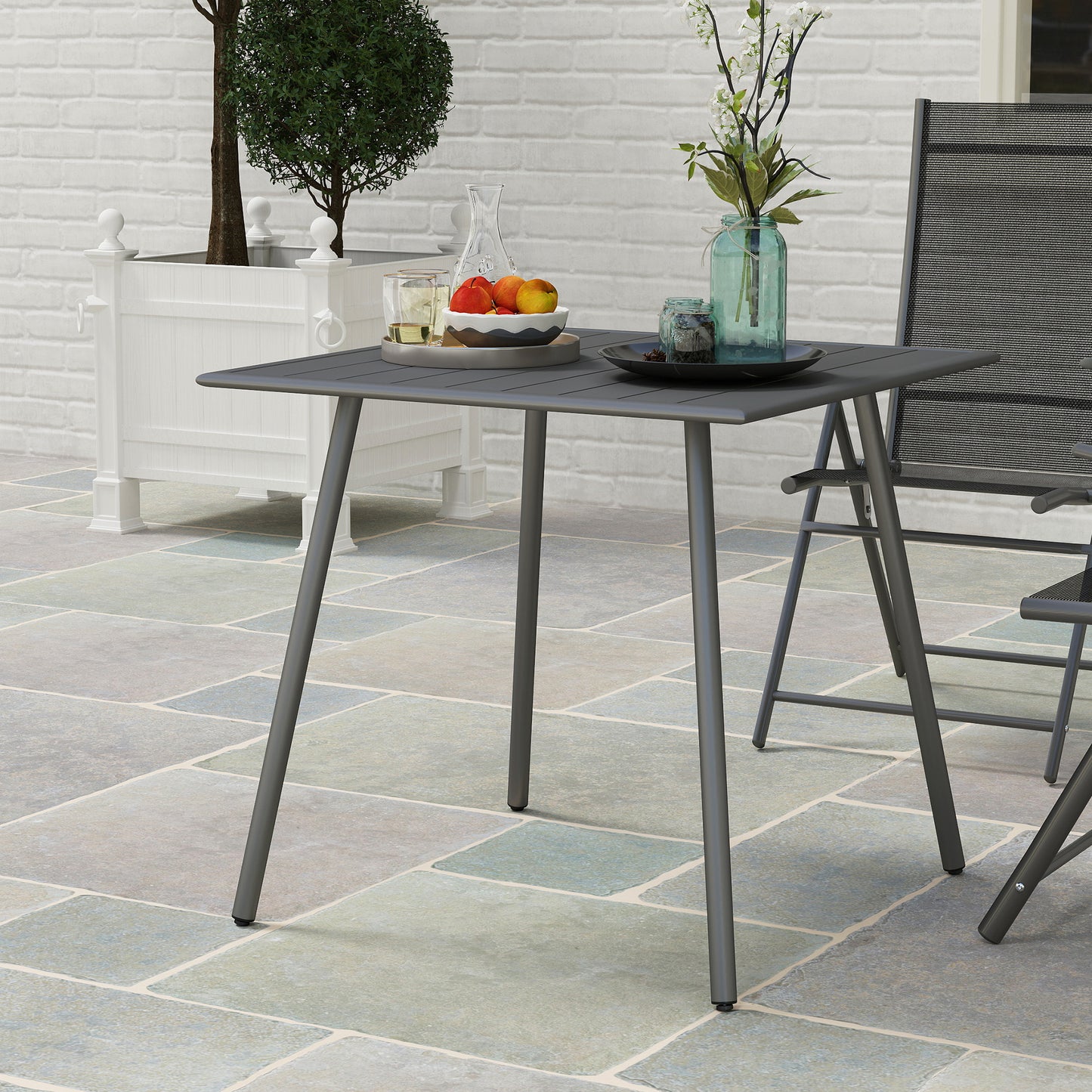 Outsunny Square Garden Table with Slat Top, Steel Frame, Outdoor Table for 4 Person, 80 x 80 x 74 cm, Grey