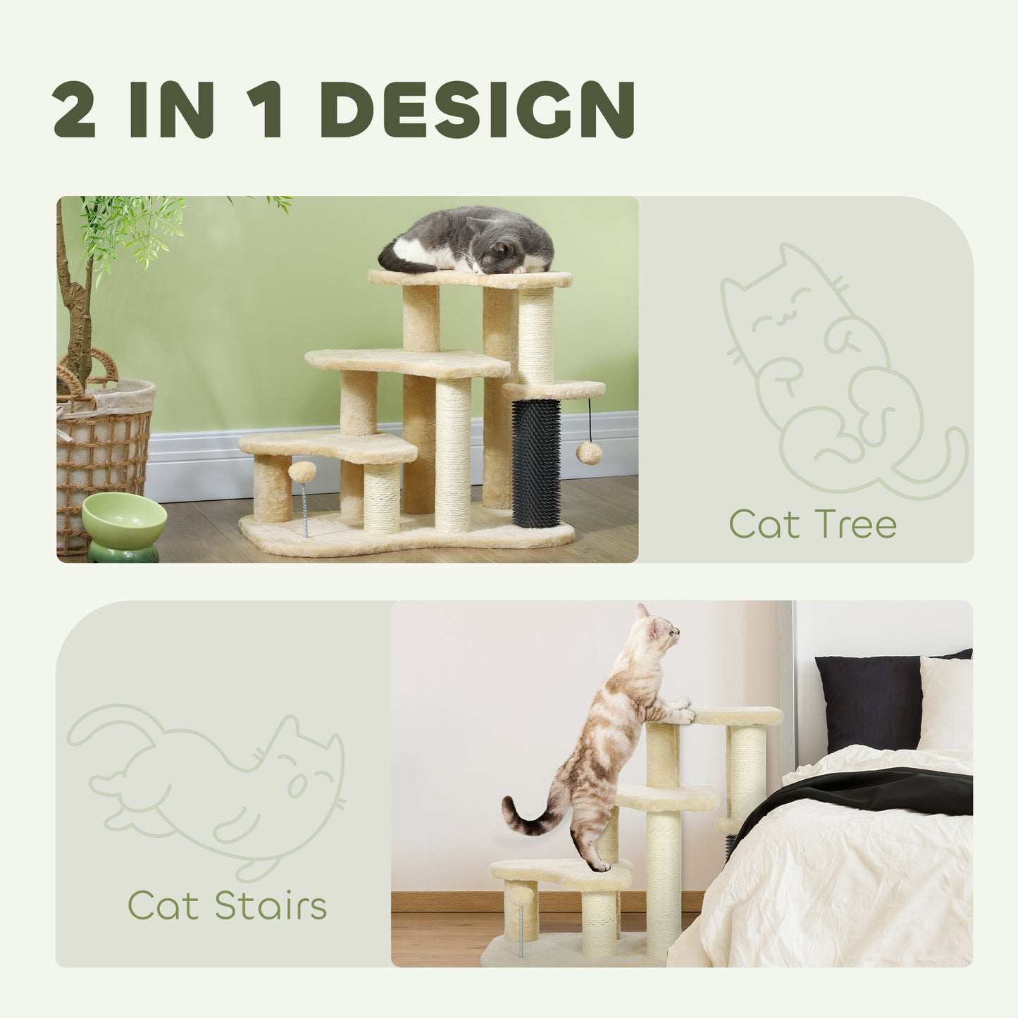 PawHut Cat Tree 2 in 1 Pet Stairs w/ Scratching Tickling Post, Toy Balls, for Bed, Sofa, Couch, Beige