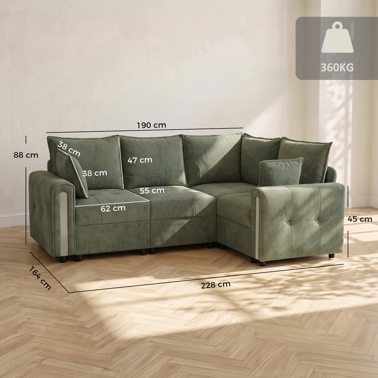HOMCOM 228cm L Shaped Sofa with Lift-Up Storage, 3-Seater Sectional Sofa with Wide Deep Seat, Dark Green