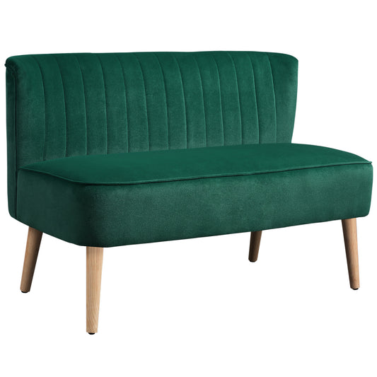 HOMCOM 46" Loveseat Sofa Upholstered Small 2 Seater Sofa  with Thick Padded Seat and Rubber Wood Legs, Dark Green