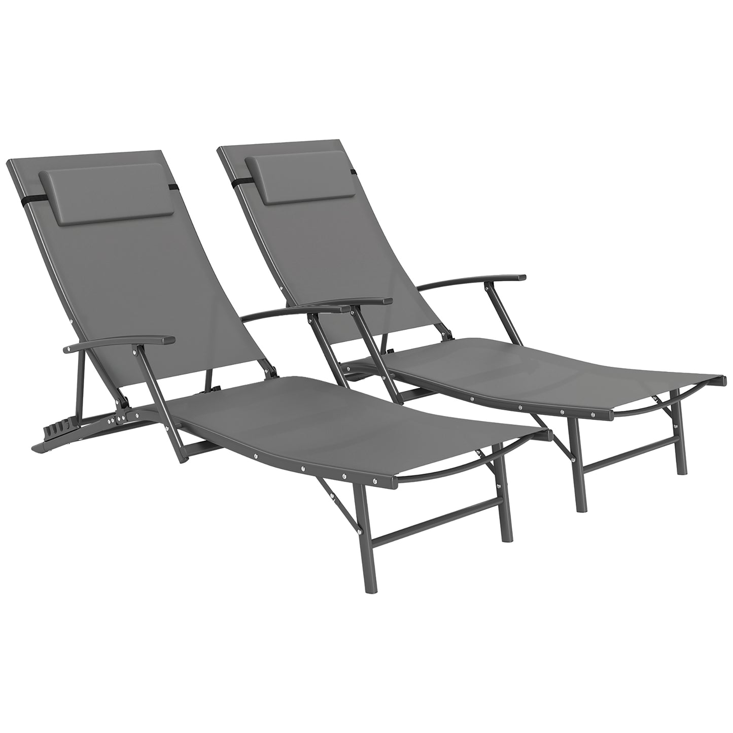 Outsunny Set of 2 Folding Sun Loungers, 4-Position Adjustable Outdoor Chairs with Armrests, Pillows, Grey