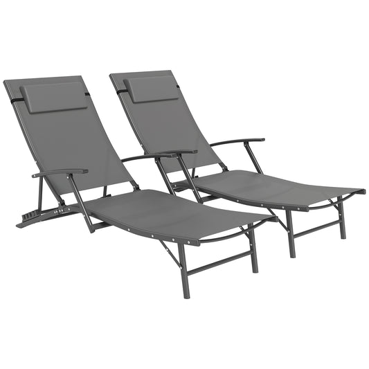 Outsunny Set of 2 Folding Sun Loungers, 4-Position Adjustable Outdoor Chairs with Armrests, Pillows, Grey