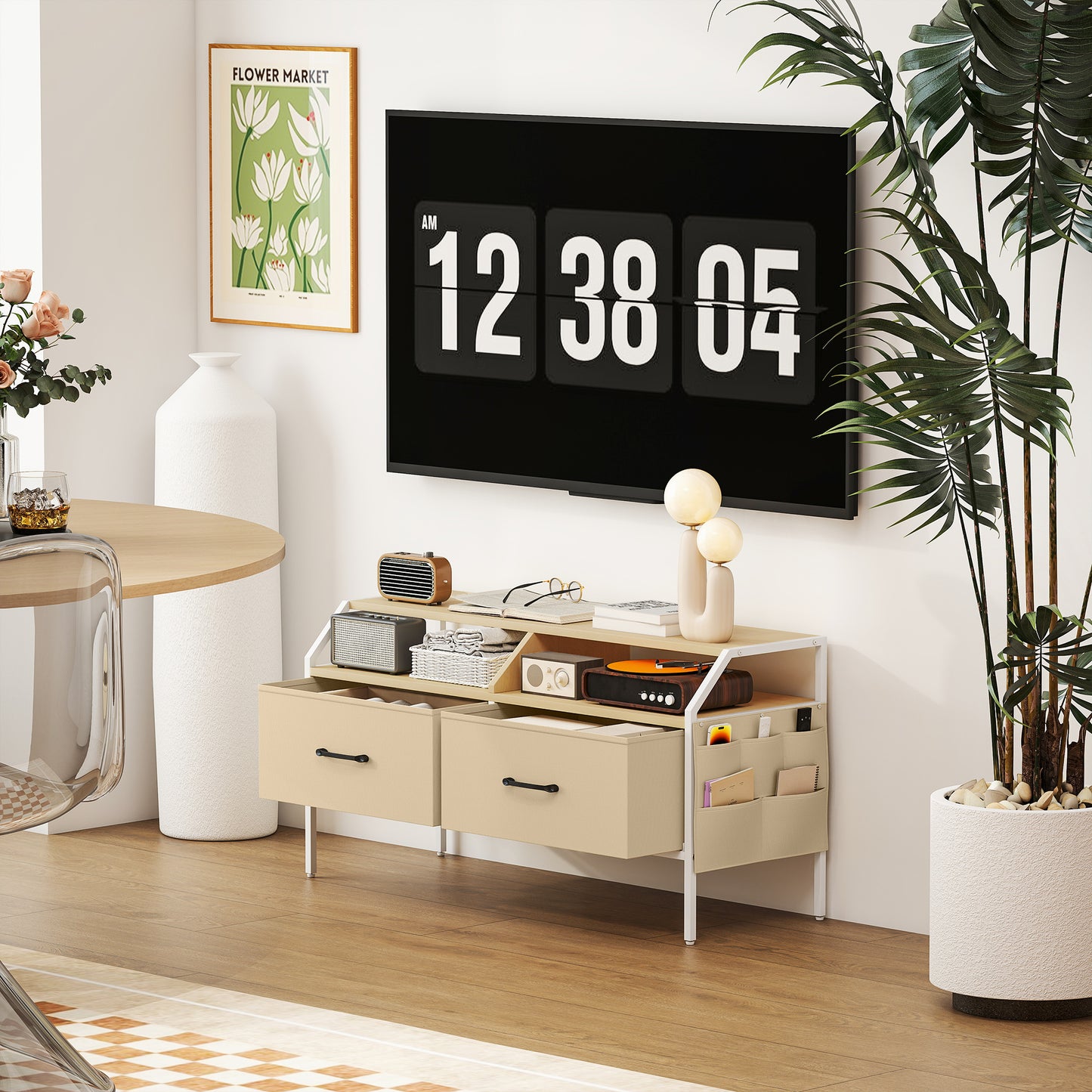 HOMCOM TV Stand Cabinet for 55-inch TVs, 2 Foldable Fabric Drawers, 5 Side Pockets, Open Shelves, Console Table, Natural Wood Finish