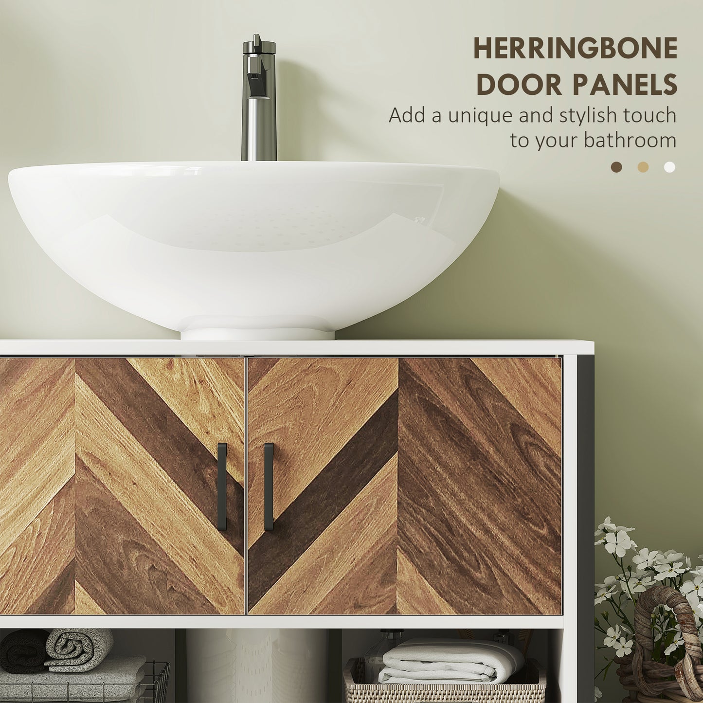 HOMCOM Under Sink Bathroom Cabinet, Rustic Herringbone Doors, 80 x 40 x 60 cm, White