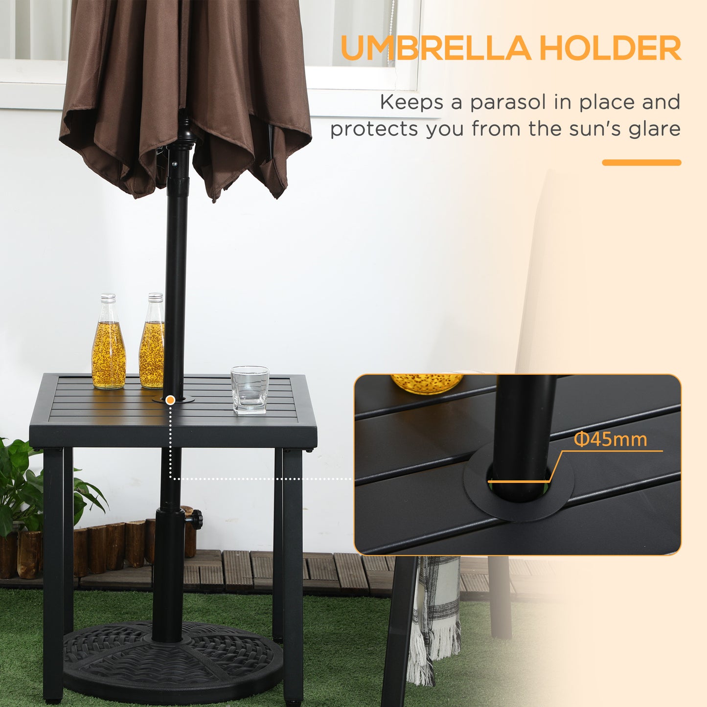 Outsunny Garden Side Table End Table Patio Coffee Table with Umbrella Hole Steel Frame for Balcony Black