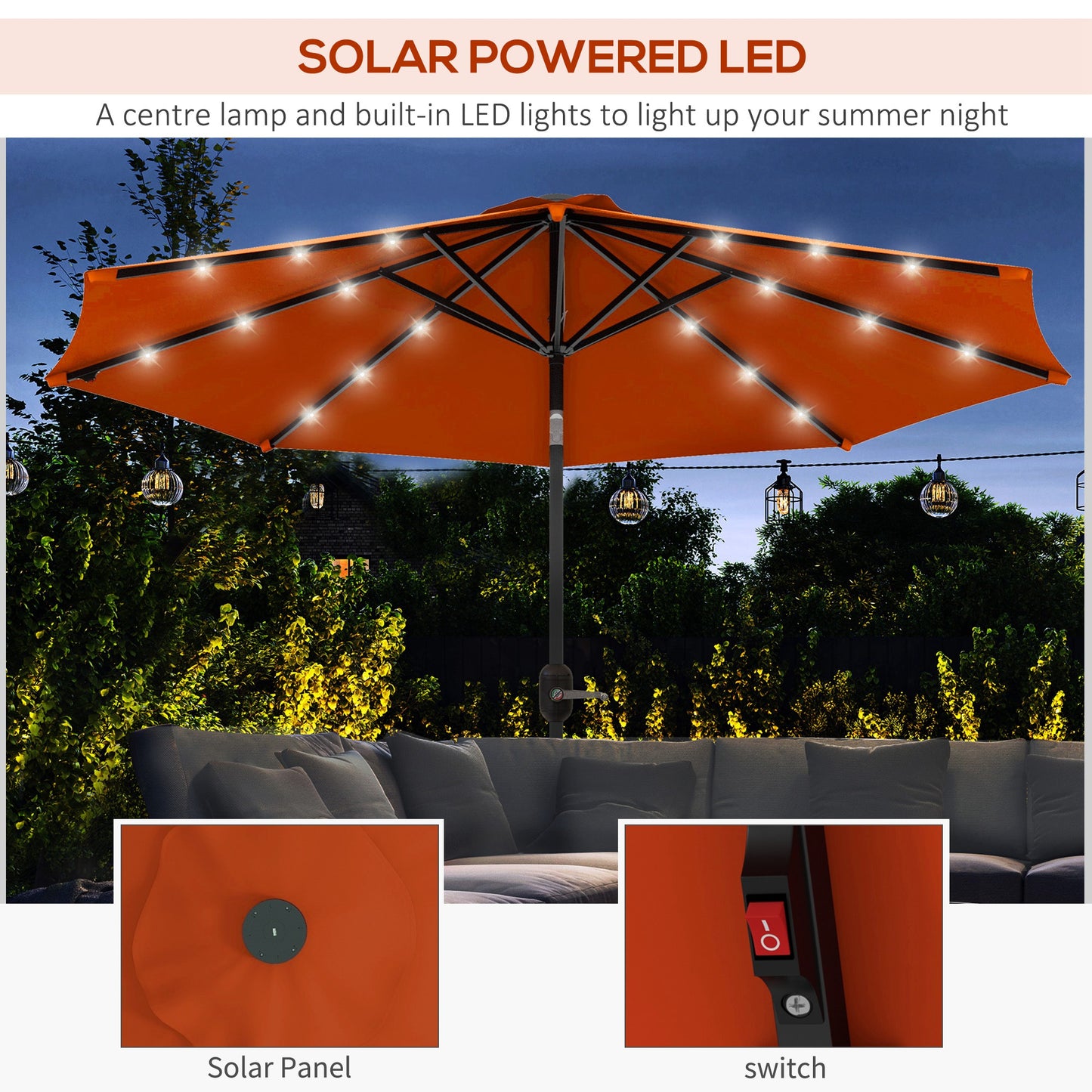 Outsunny 2.7m Outdoor Patio Garden Umbrella Parasol with Tilt Crank and 24 LEDs Lights Orange