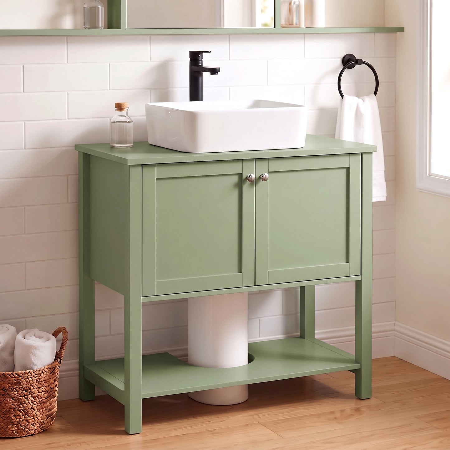 HOMCOM Under Sink Bathroom Cabinet with 2 Doors, Open Shelf and U-Shape Cut-Out for Basin with or without Pedestal, Green