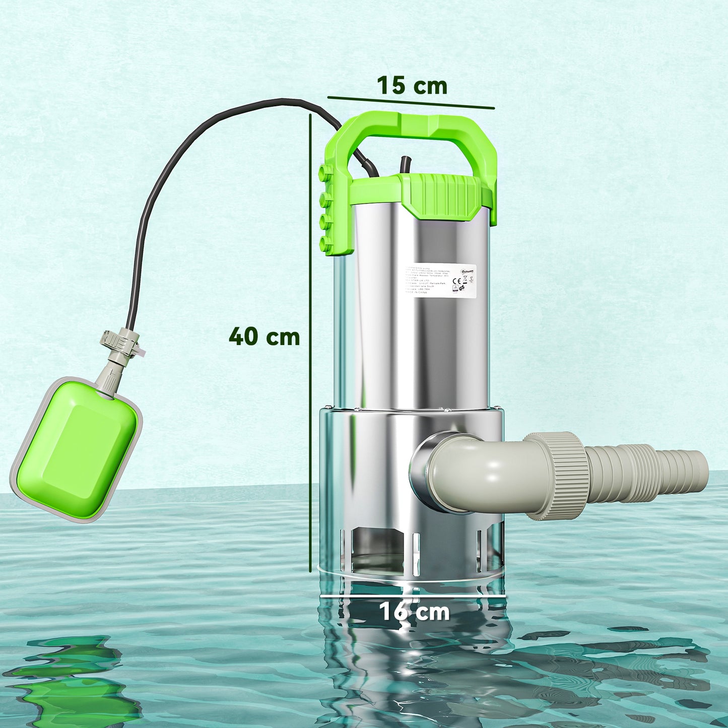 Outsunny 1100W Submersible Water Pump, 18500L/H Sump Pump with Float Switch, for Dirty/Clean Water, Portable and Lightweight, Green.