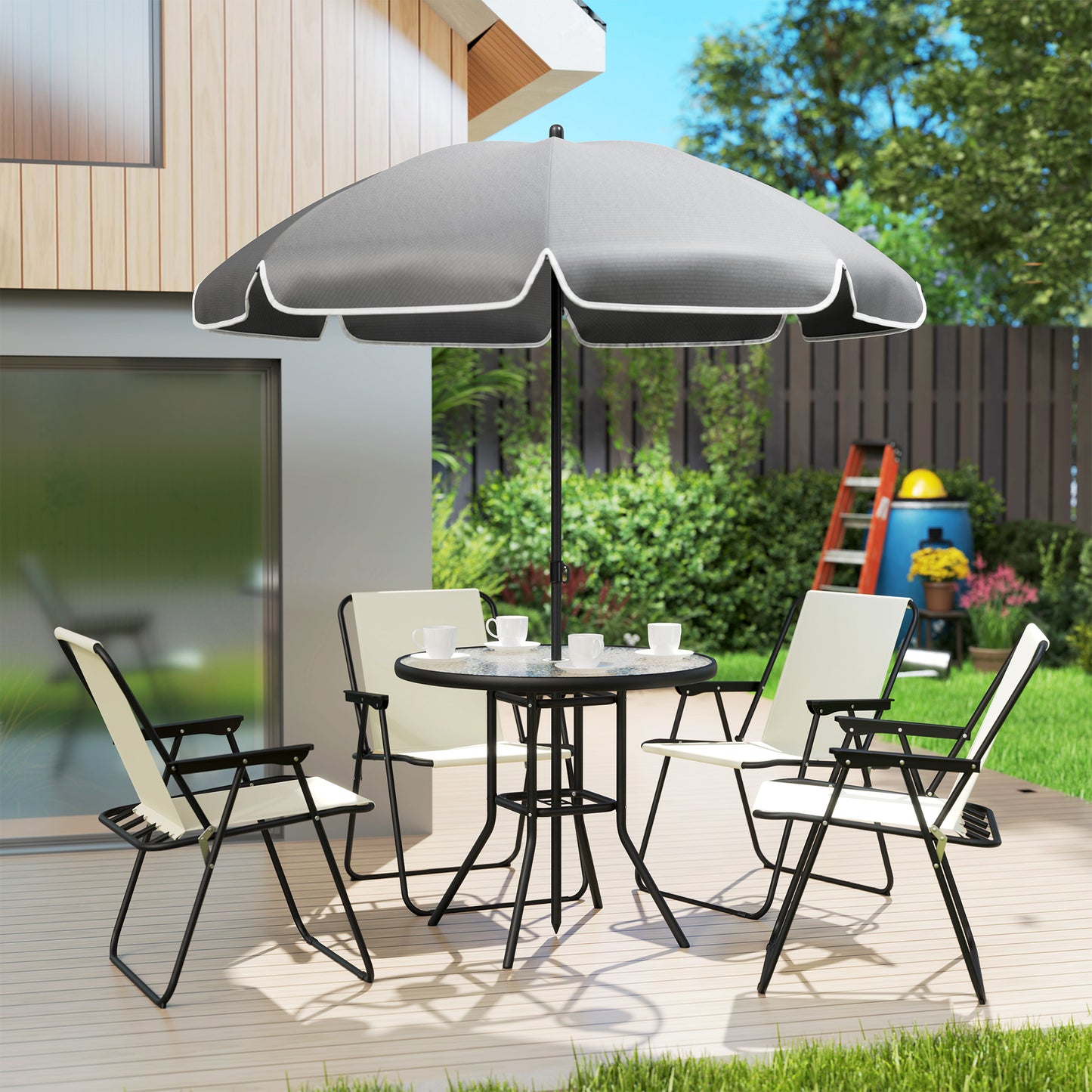 Outsunny 4 Seater Garden Furniture Set, 6 Pieces with Parasol, Folding Chairs & Glass Table, Cream White