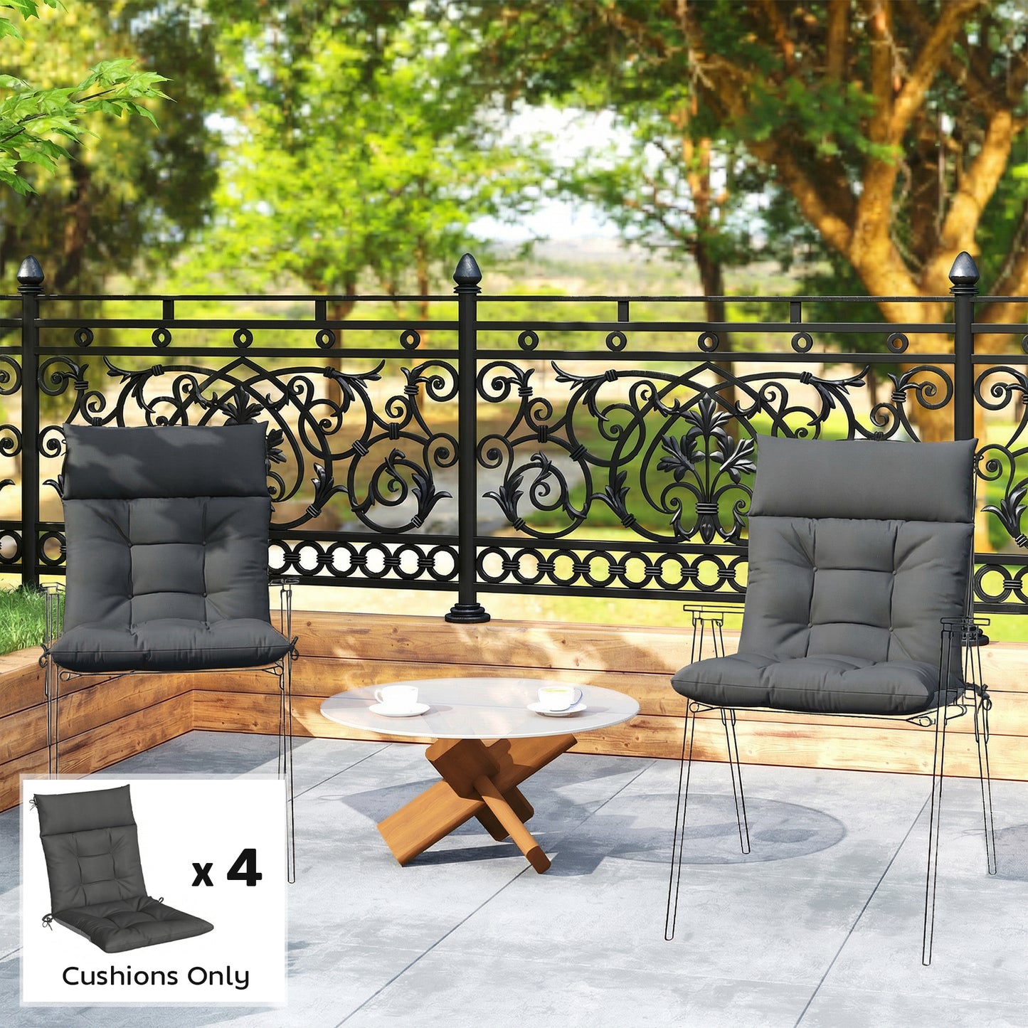 Outsunny Patio Chair Cushions Set of 4, Waterproof Non-Slip Lounge Chair Cushions, 112x53cm, Dark Grey