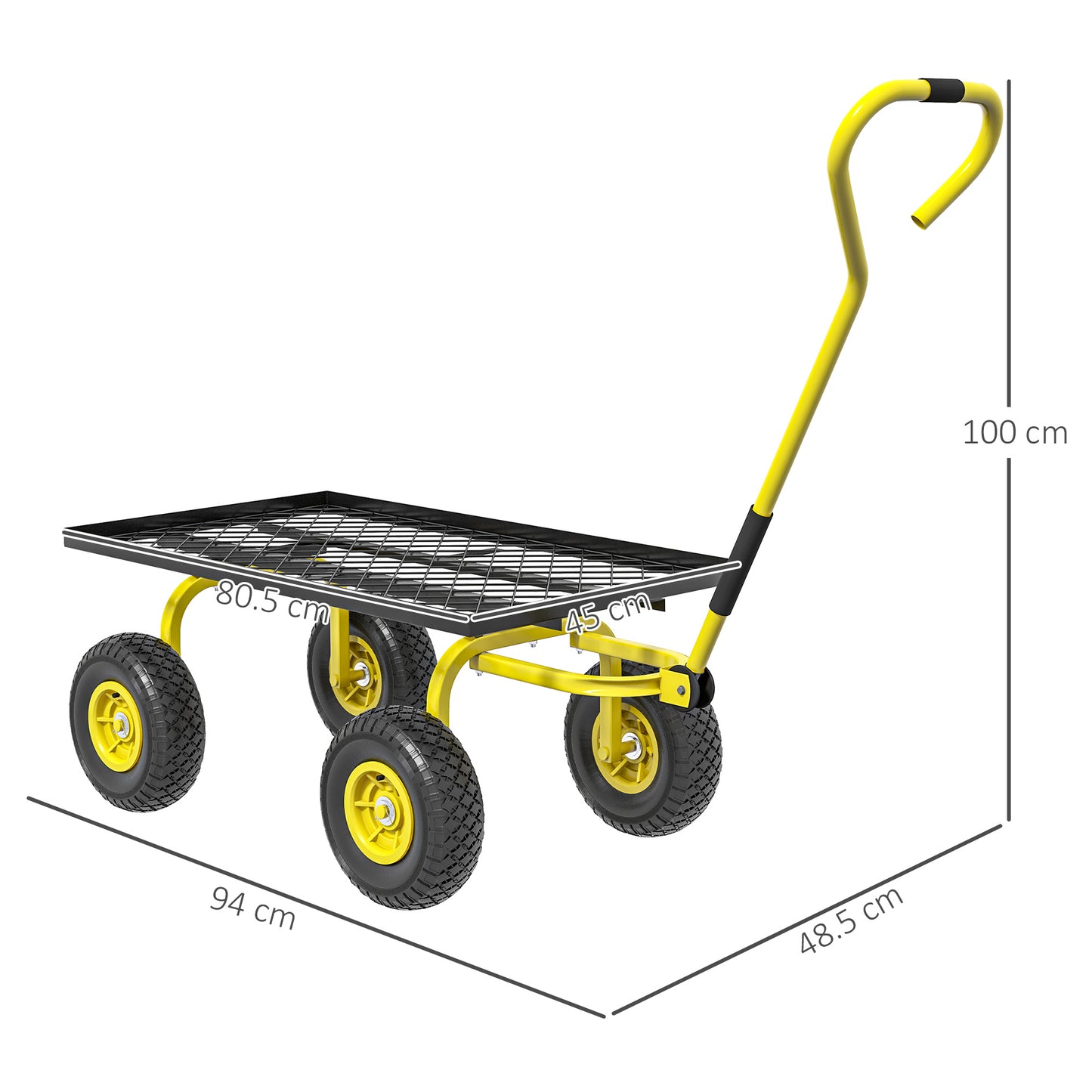 Outsunny Garden Trolley Cart, Heavy Duty Metal Frame with 10" Pneumatic Wheels, Rotating Handle, 150kg Capacity, for Garden/Farm, Yellow