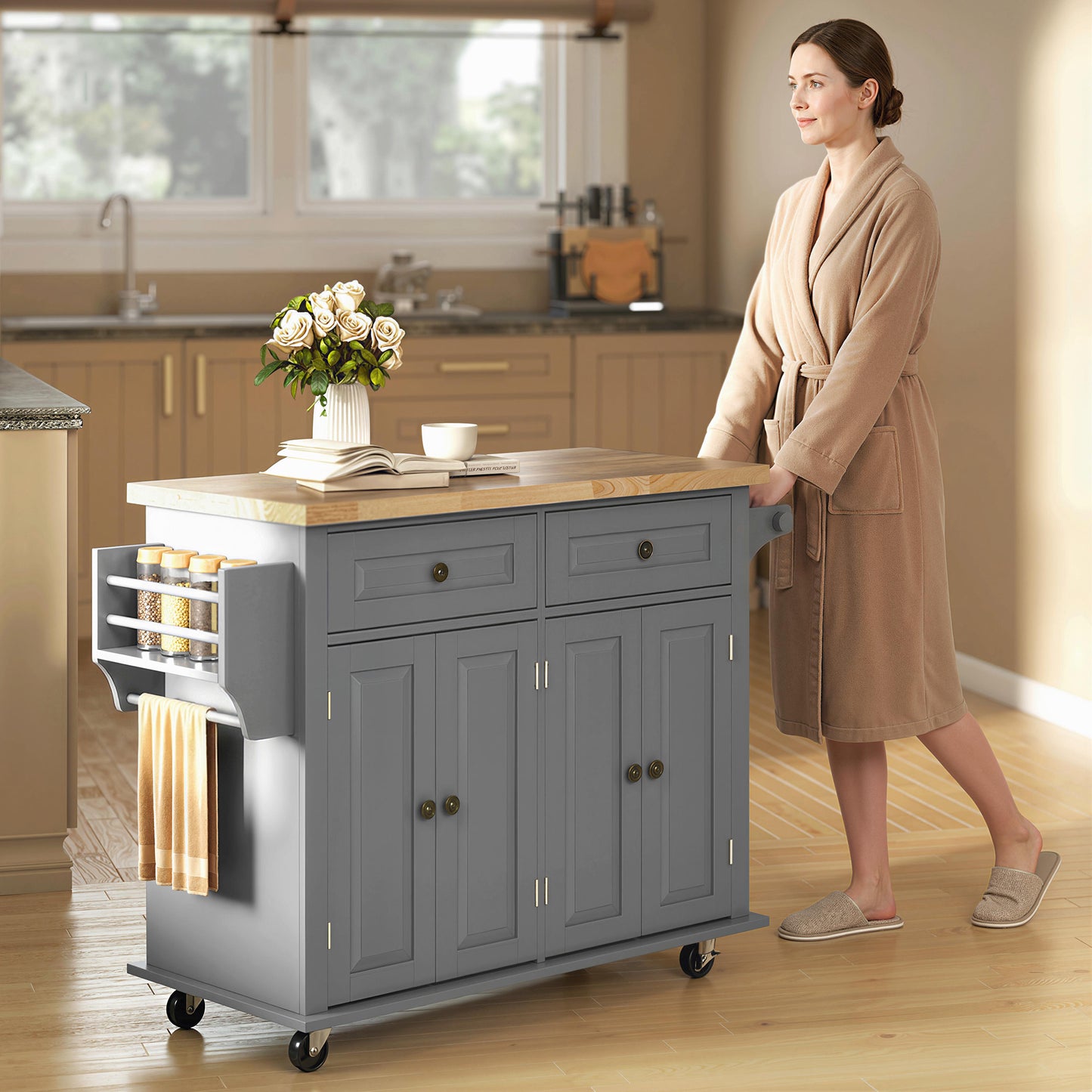 HOMCOM Kitchen Island on Wheels, Rolling Kitchen Trolley with Rubberwood Top, 2 Drawers, Adjustable Shelves, Grey