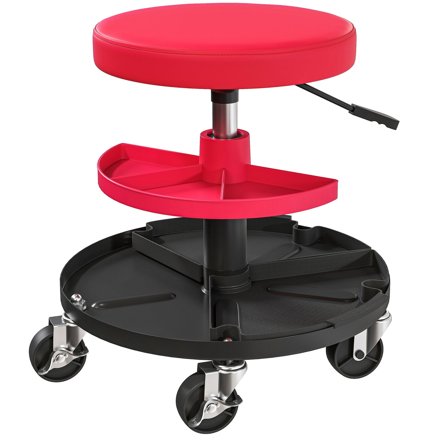 HOMCOM Mechanic Stool, 135kg Capacity, 360° Swivel Roller Padded Creeper Seat with Wheels, Tool Tray Storage, Red
