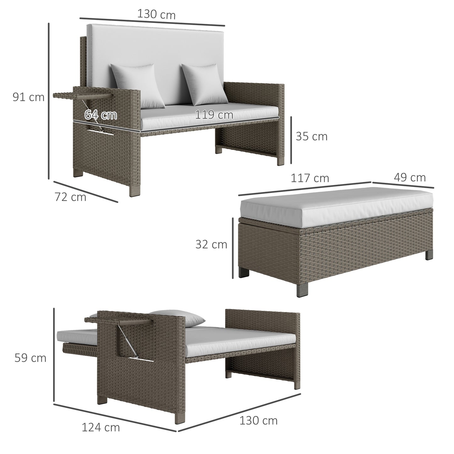 Outsunny Rattan Day Bed, with Footstool - White/Grey