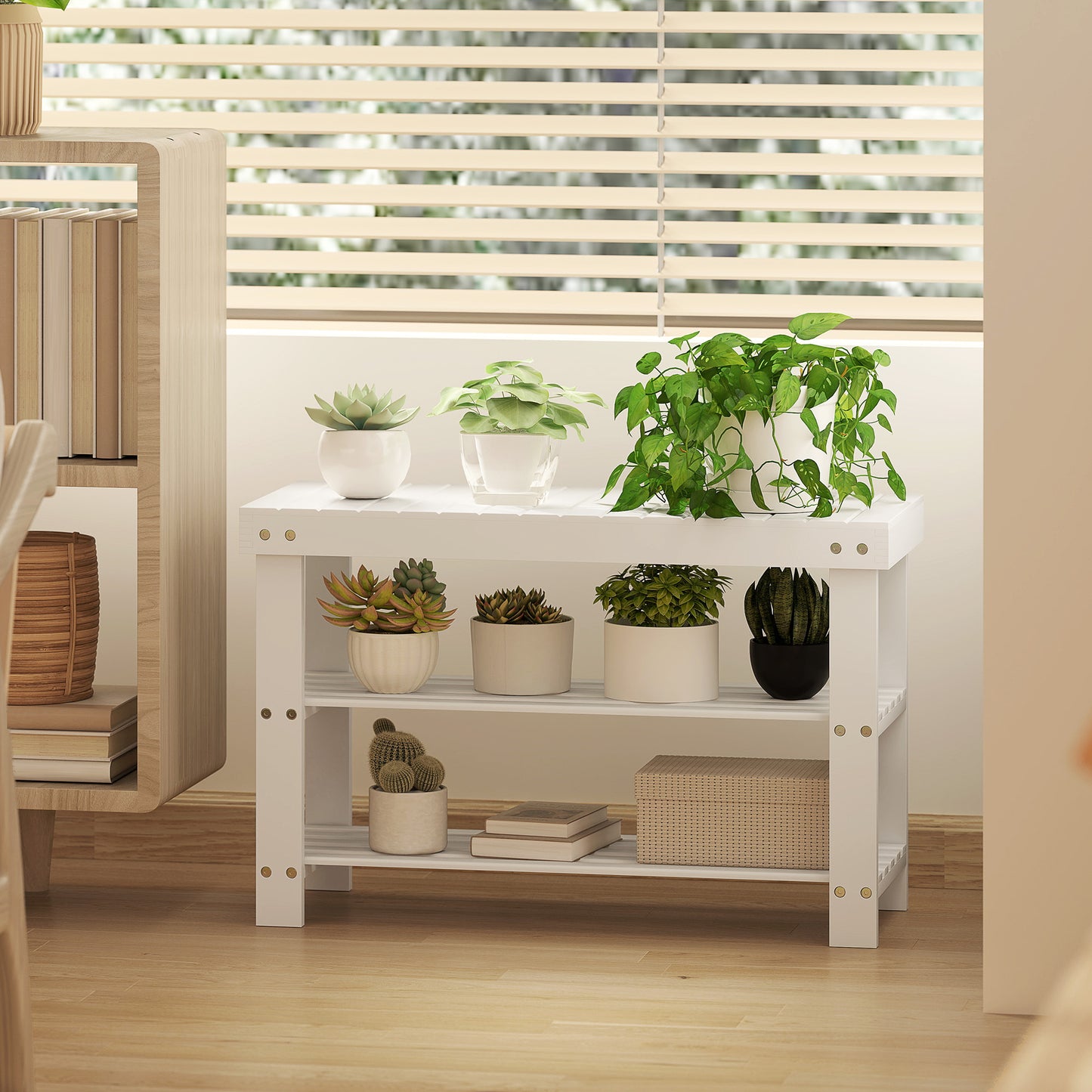 HOMCOM 3-Tier Bamboo Shoe Storage Bench - White