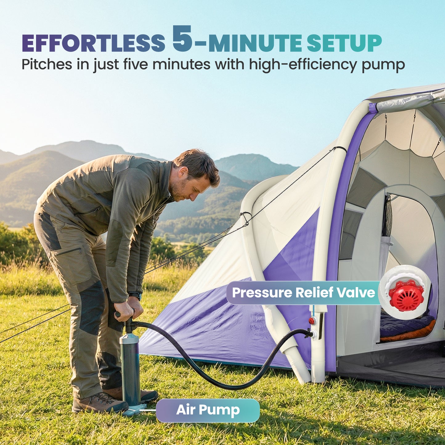 Outsunny Inflatable Tent 2 Bedroom 3000mm Waterproof Windproof Air Tent Carry Bag for 4 Person