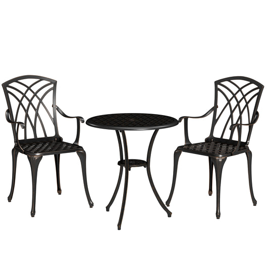 Outsunny 3-Piece Garden Set: Cast Aluminium 2 Armchairs & Round Table w/ Parasol Hole, Bronze Tone