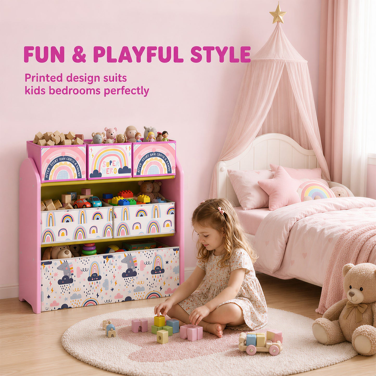 AIYAPLAY Toy Storage Organiser, 3-Tier Wooden Kids Toy Storage Rack with 6 Fabric Storage Bins for Bedroom, Kids Room, Pink