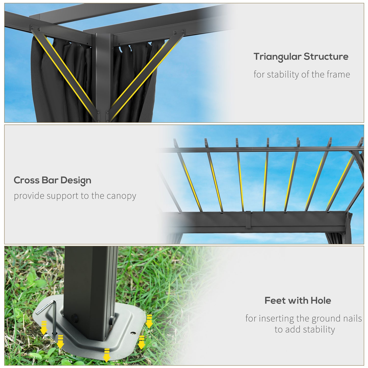 Outsunny 3.6 x 3 m Pergola with Retractable Roof Canopy, Curtains, Aluminium Garden Pergola Gazebo Sun Shade Shelter, Dark Grey