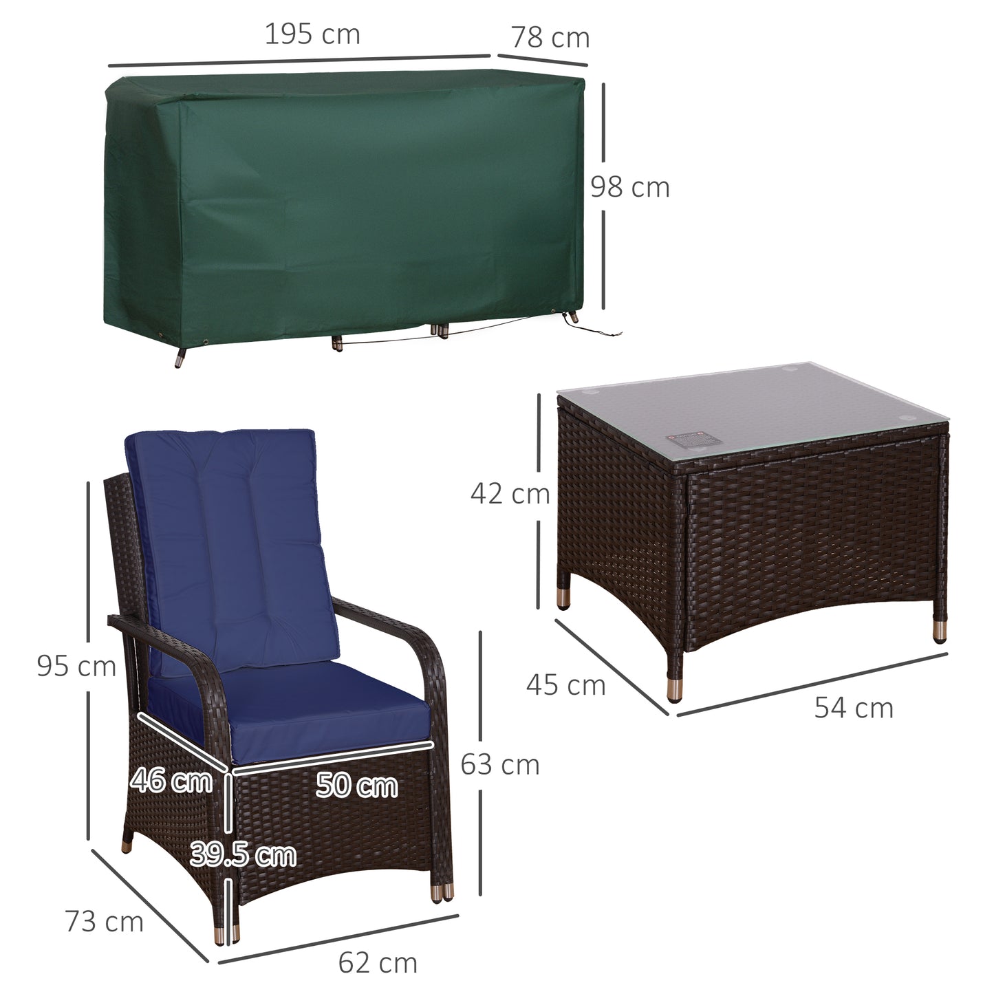 Outsunny 3-Piece Rattan Bistro Set with Cushions - Dark Blue