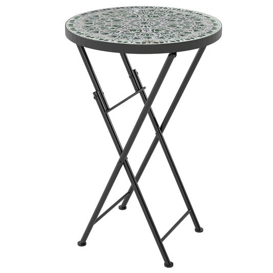 Outsunny Mosaic Outdoor Garden Table, 35.5cm Round Folding Coffee Table with Metal Frame for Balcony Terrace, Green