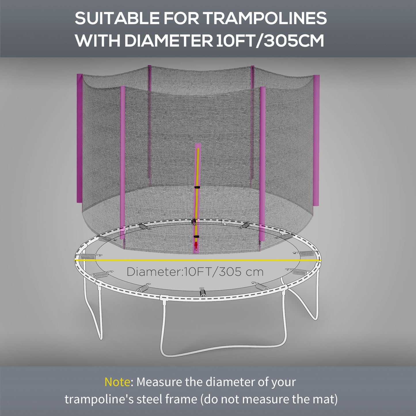 SPORTNOW 10ft Trampoline Net, Replacement Safety Net Enclosure Net with Zipped Door and  6 Plastic Pole Covers, Pink