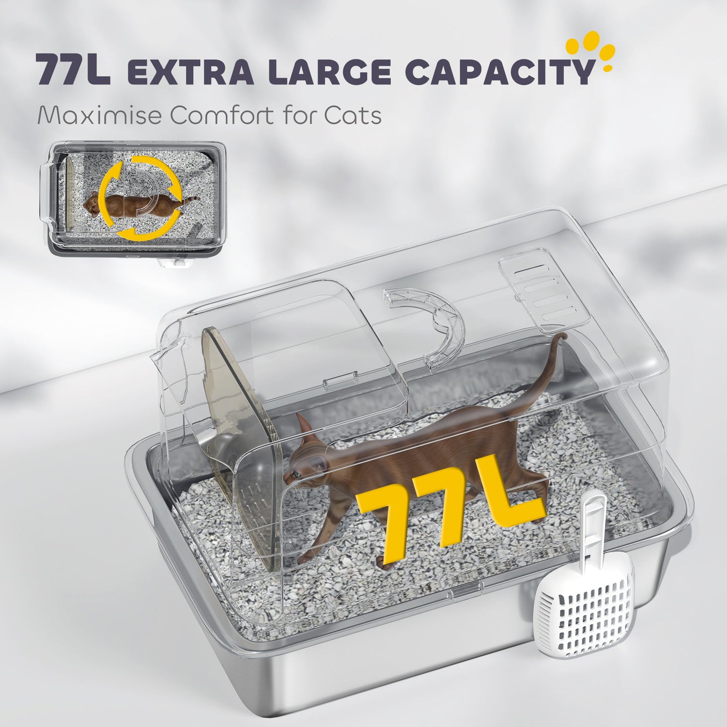 PawHut Stainless Steel Cat Litter Box with Removable Lid, Scoop, Filter Bags, for Larger Cats, Grey